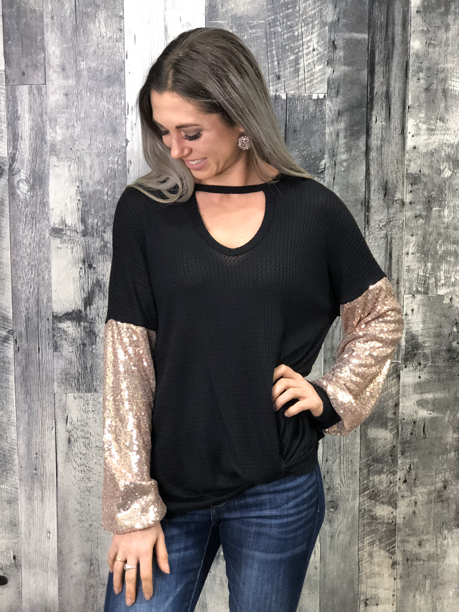 Sequin Sleeve Black Choker Waffle Top 984498
