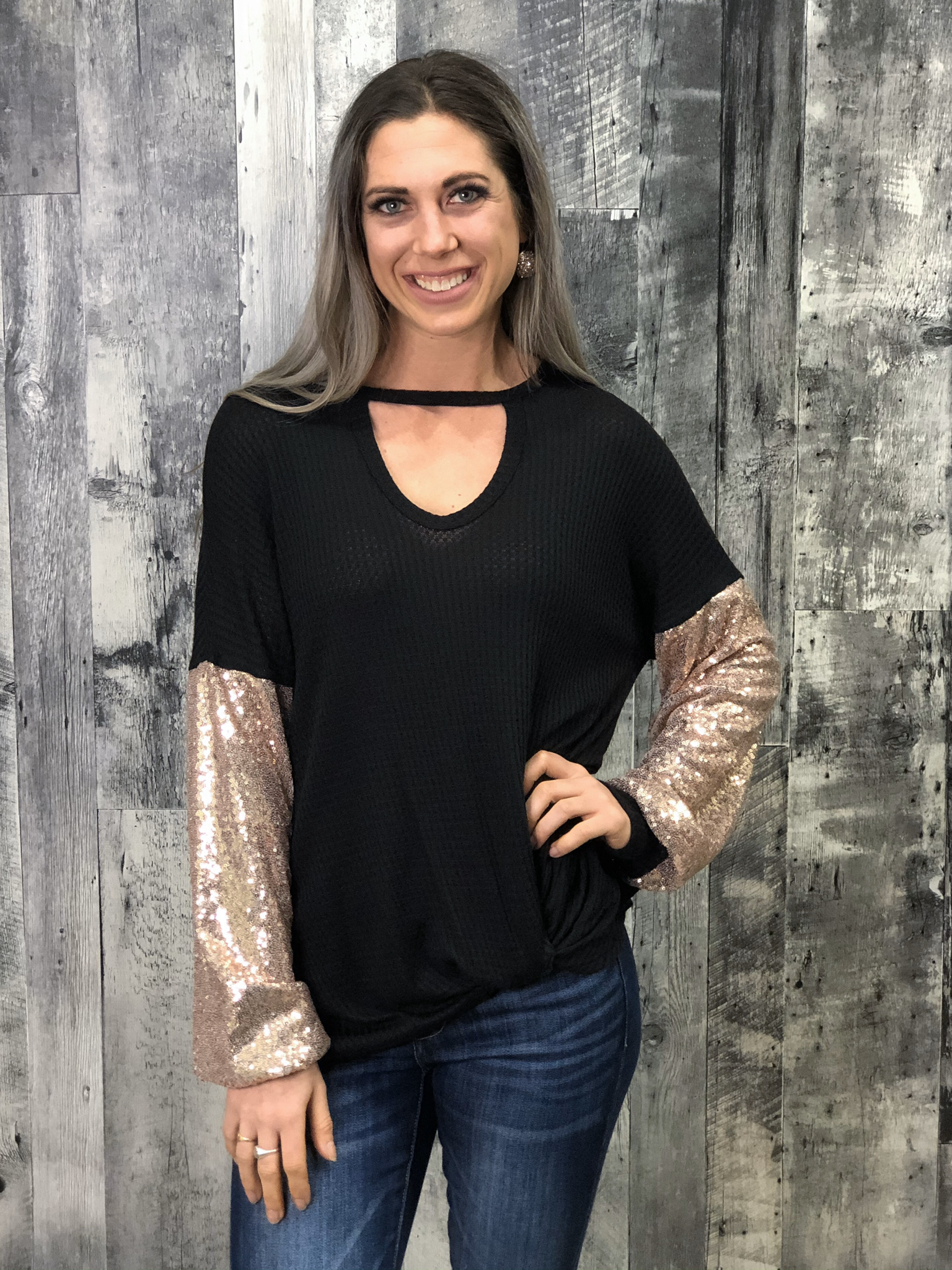 Sequin Sleeve Black Choker Waffle Top