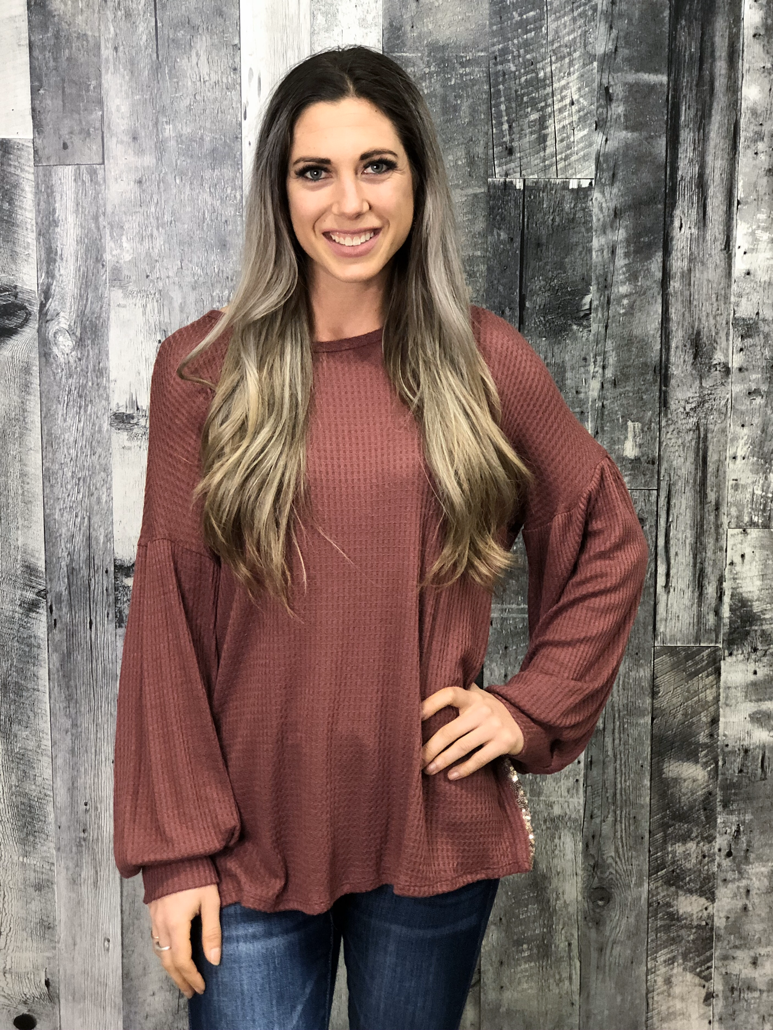 Wine Waffle Sequin Back Top