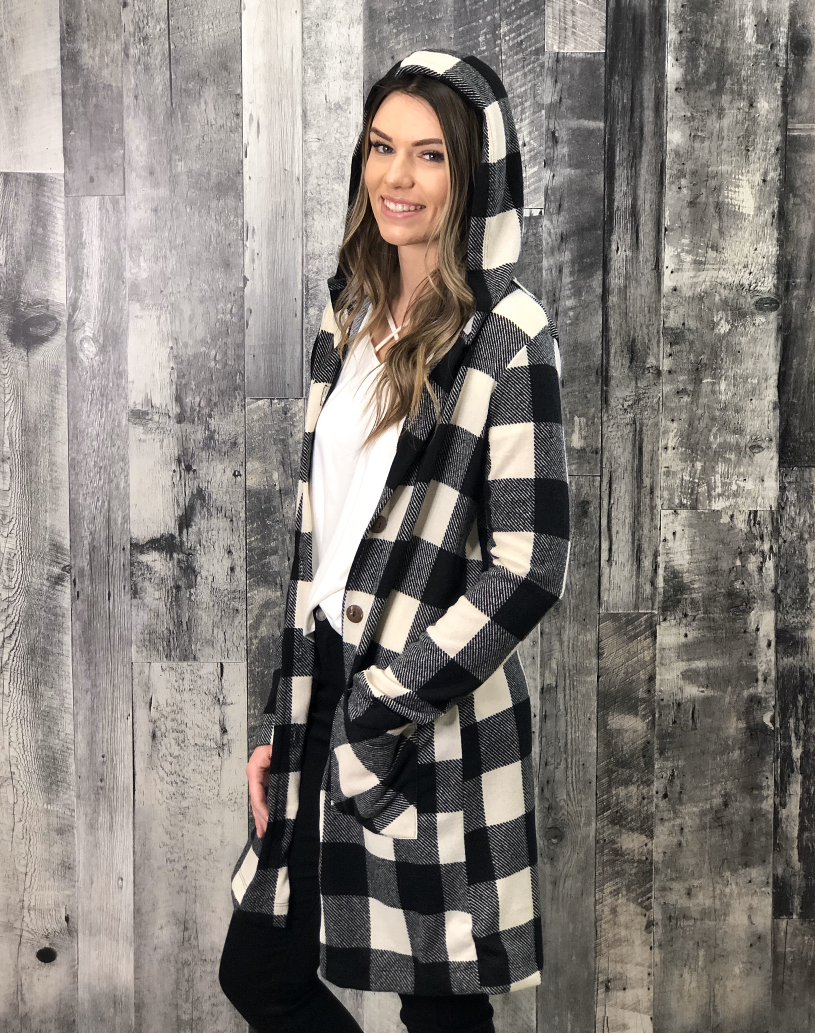 Buffalo Plaid Button Cardigan with hood- White