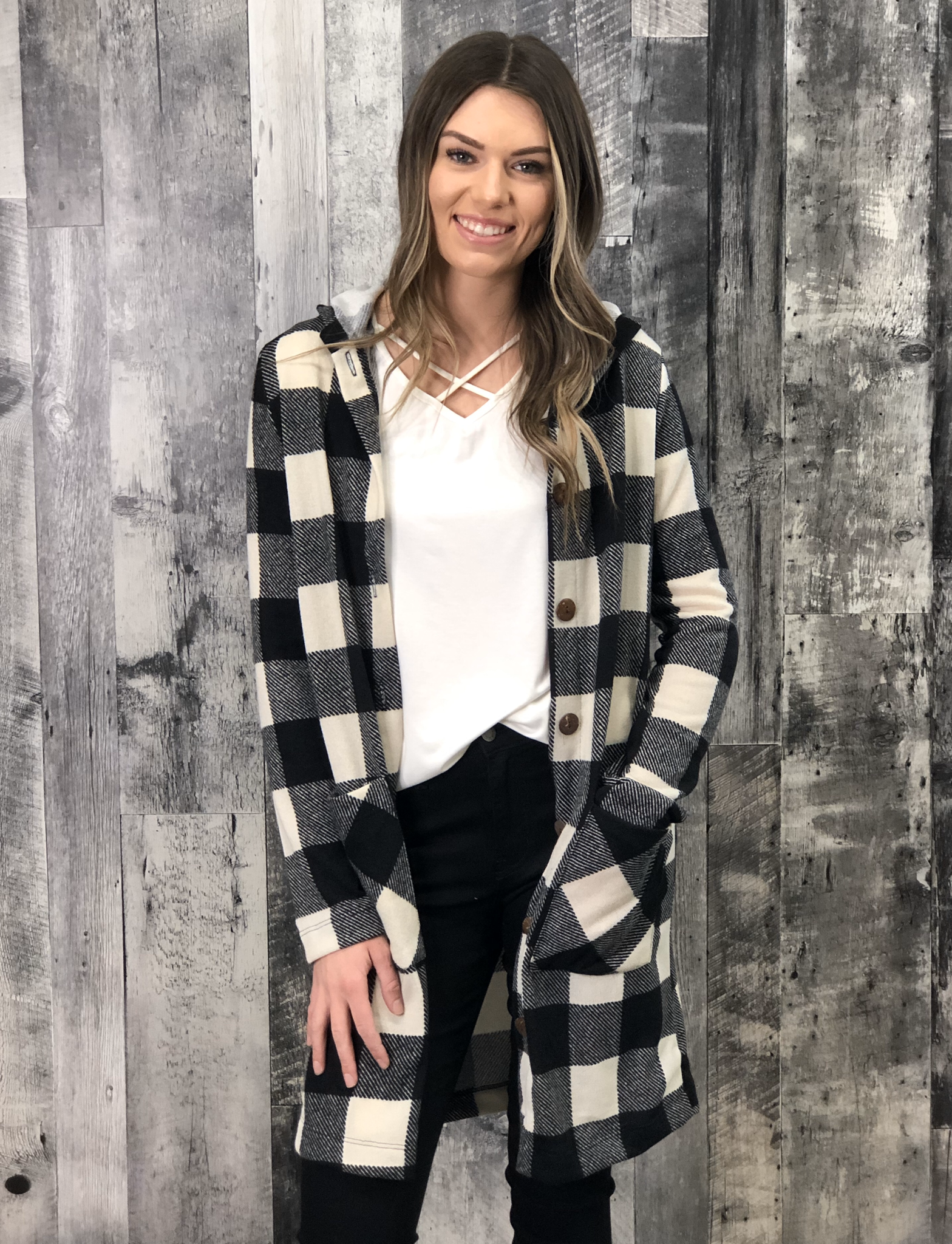 Buffalo Plaid Button Cardigan with hood- White 84627