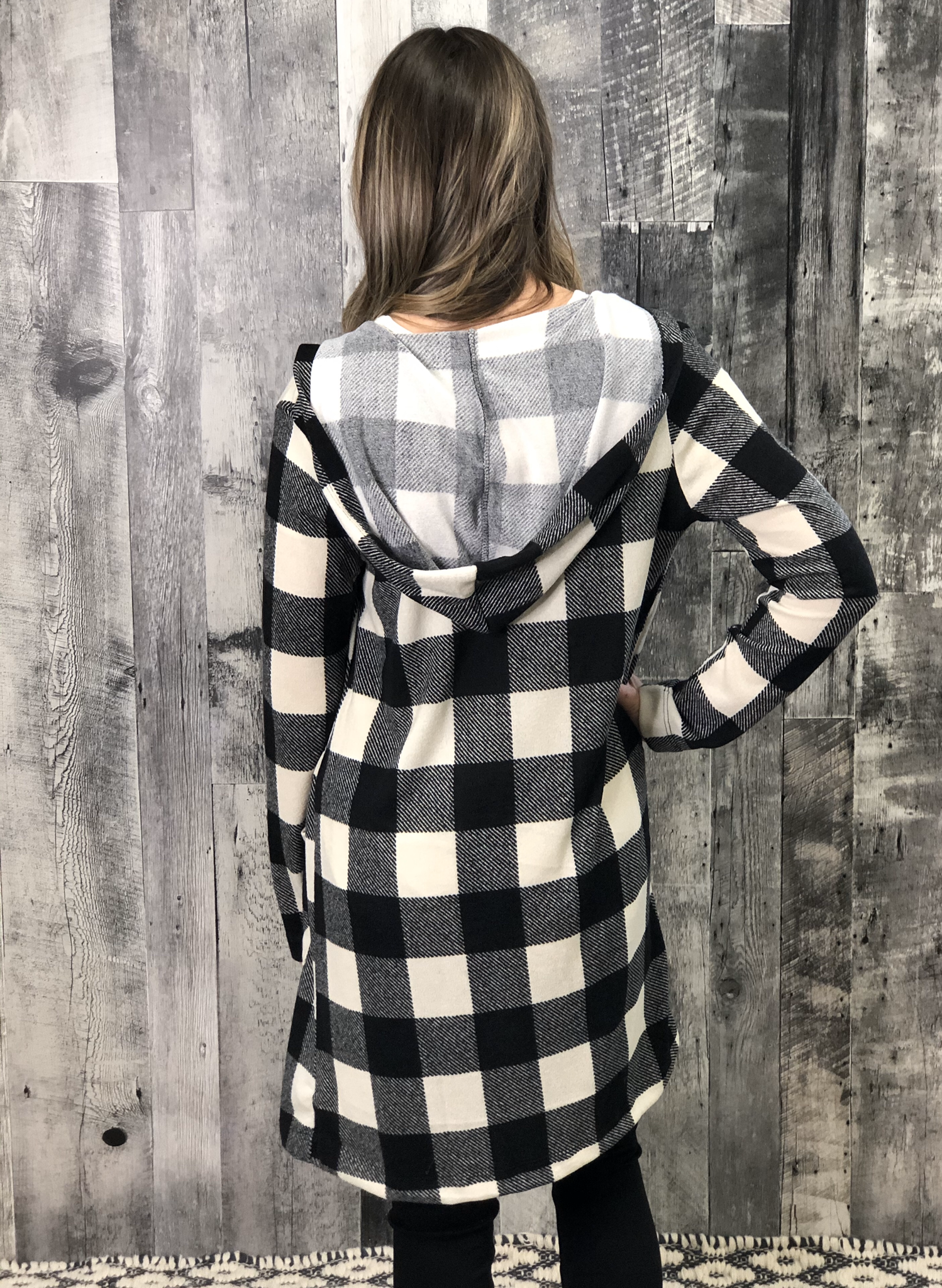 Buffalo Plaid Button Cardigan with hood- White