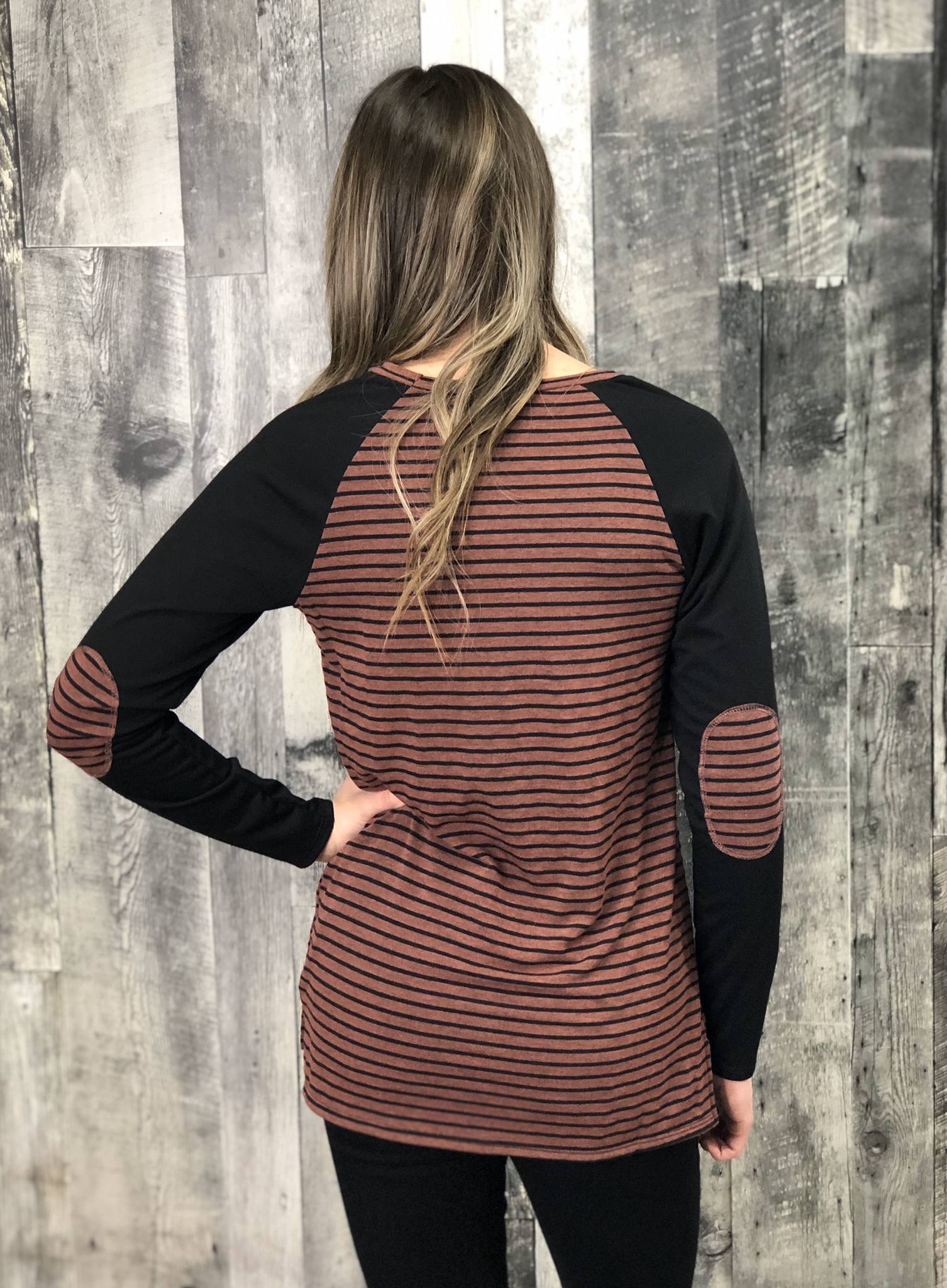 Burgundy Elbow Patch Striped Top