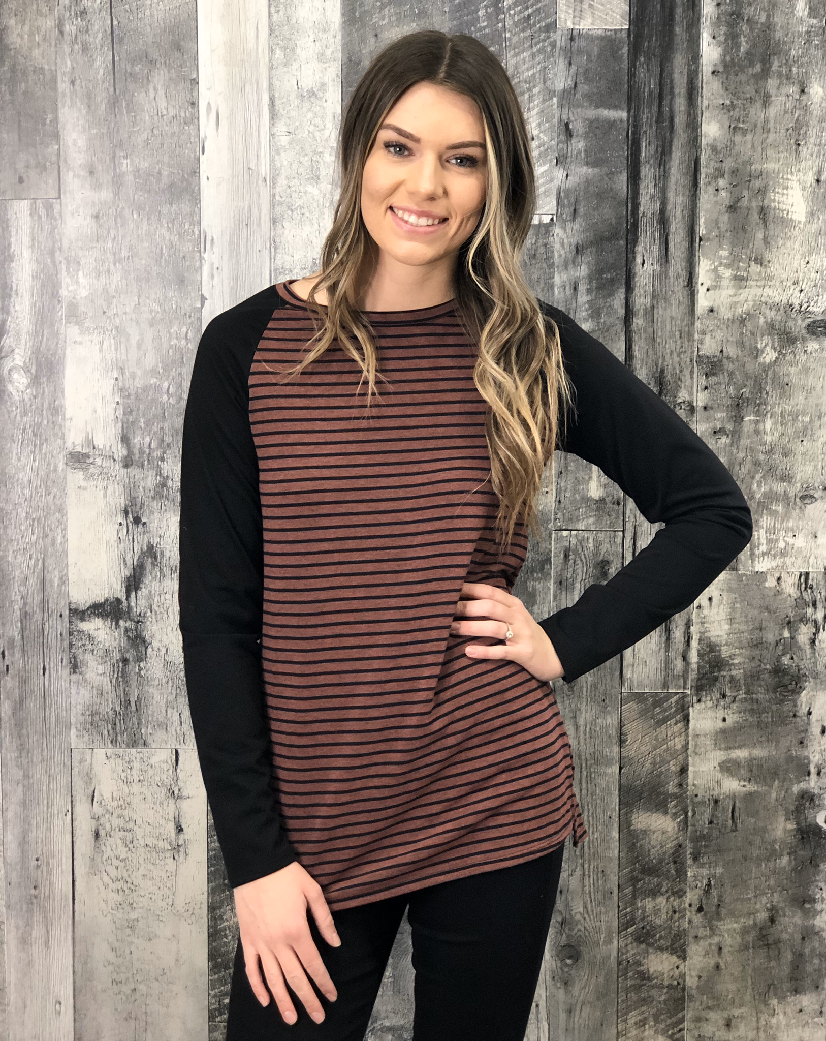 Burgundy Elbow Patch Striped Top 84556