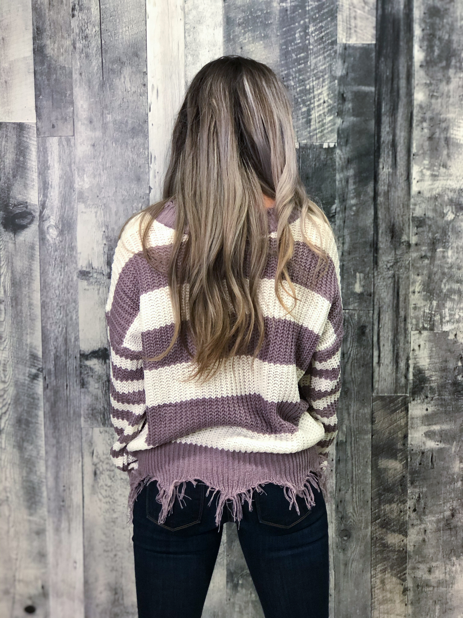 Purple & White Knit Sweater with frey finish