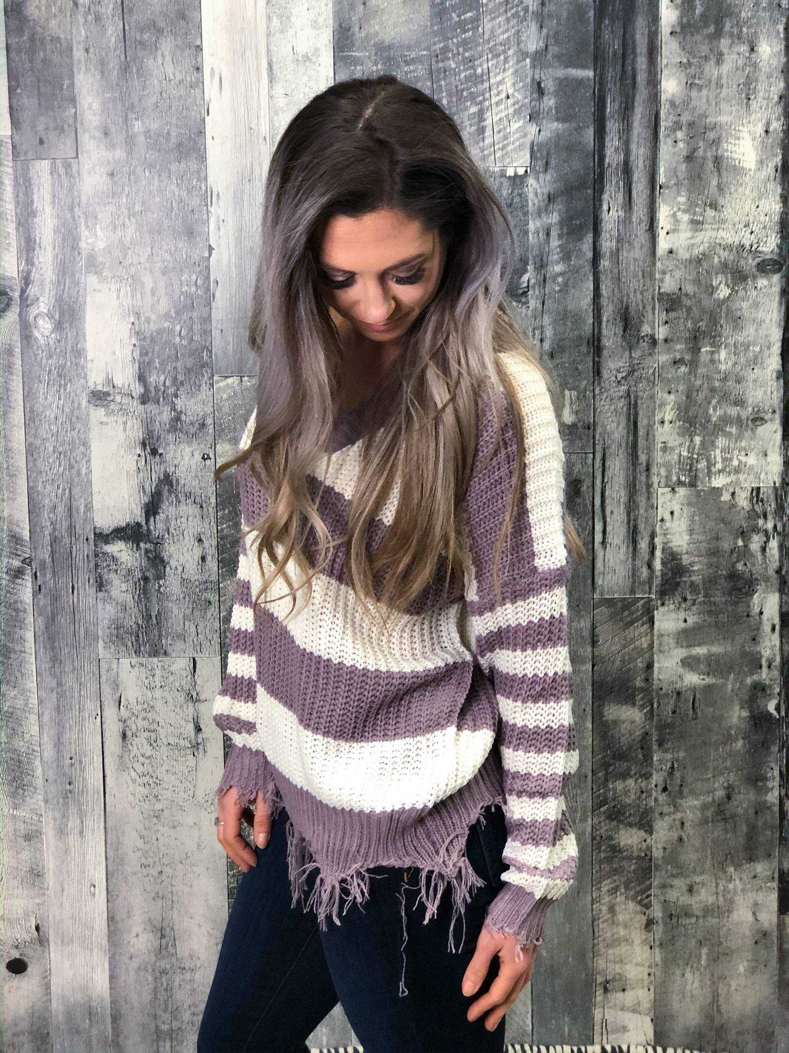 Purple & White Knit Sweater with frey finish