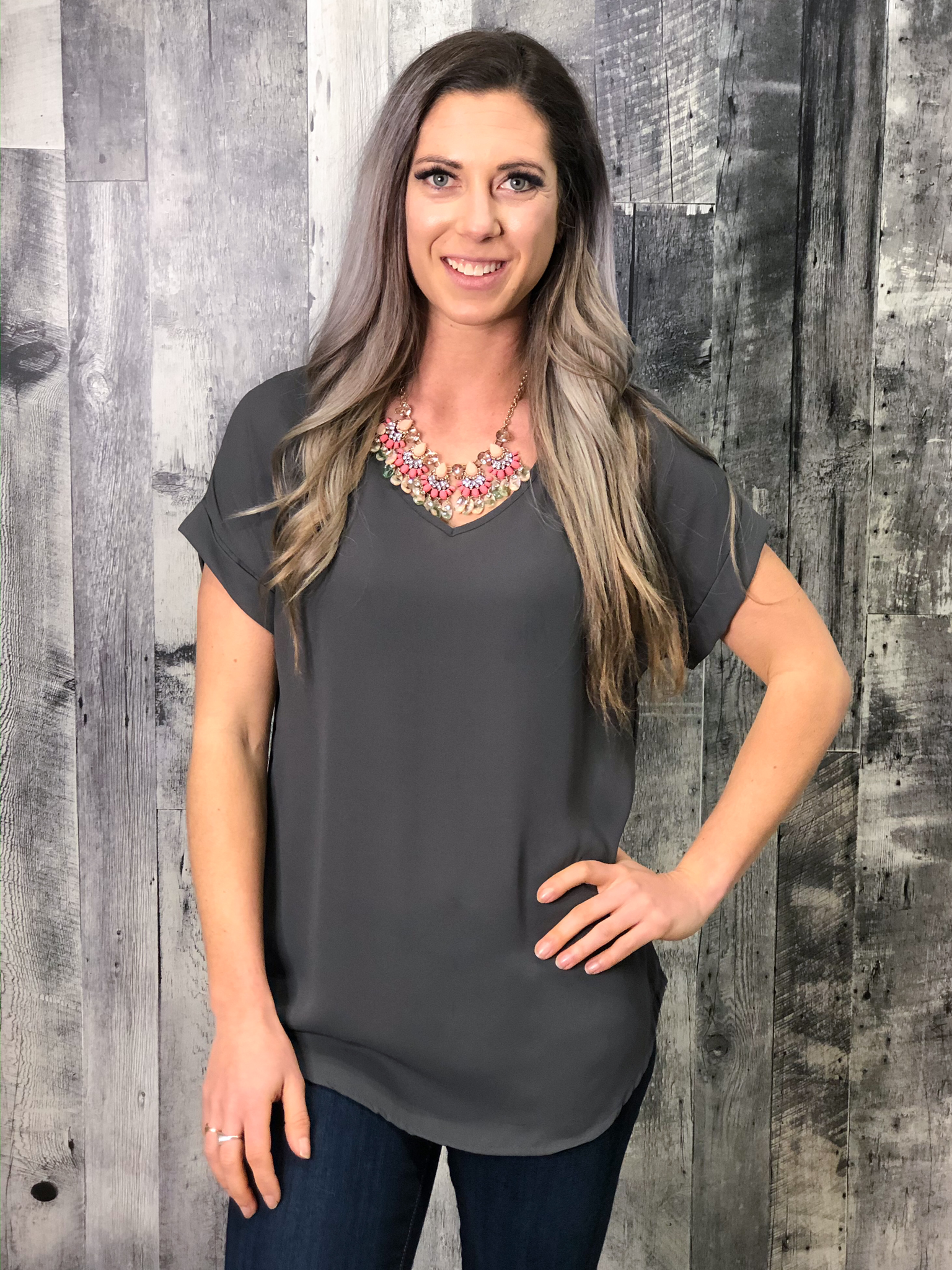 Grey V-Neck Blouse 84766