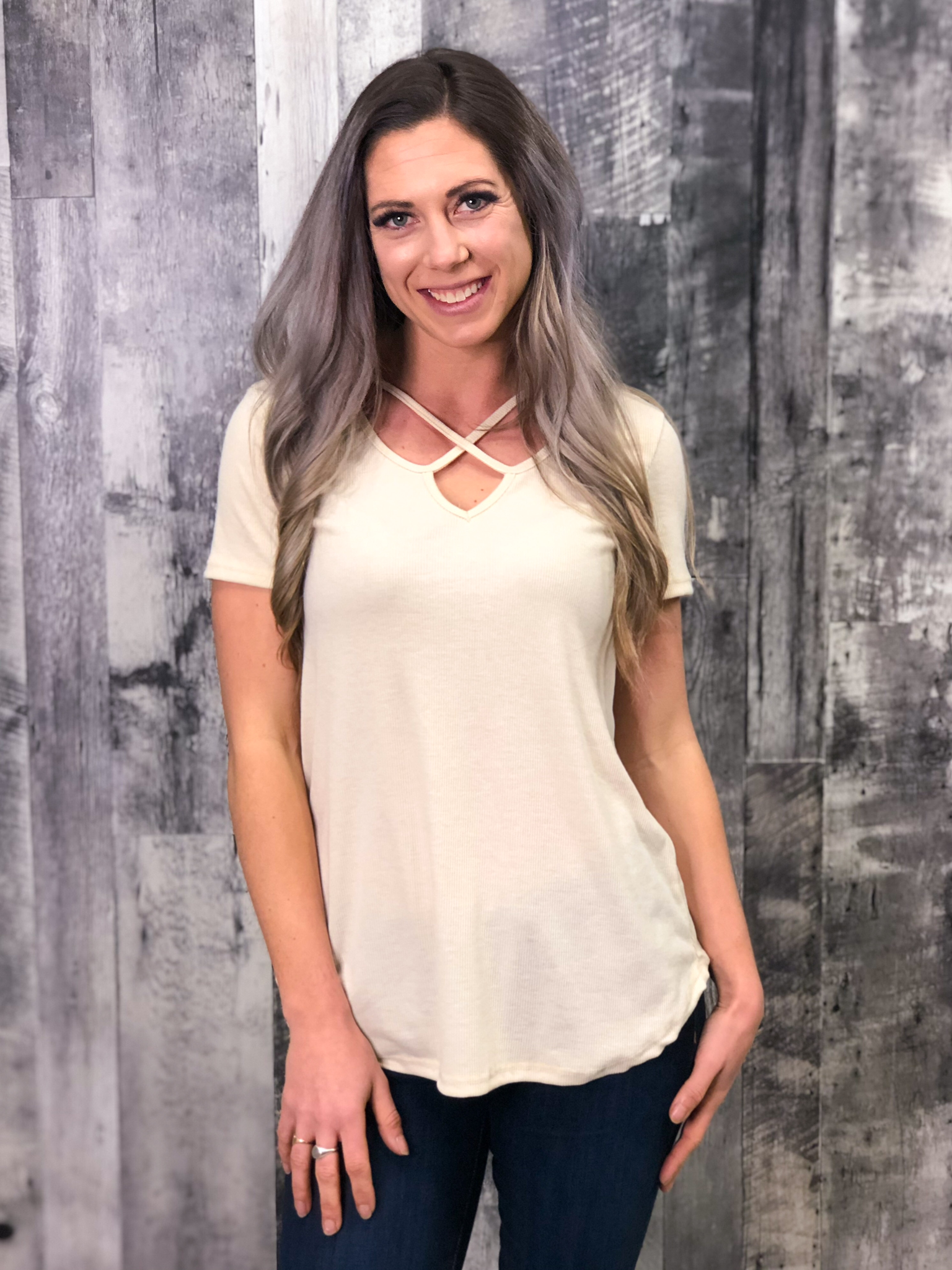 Strappy Ivory Tee with ribbing 84745