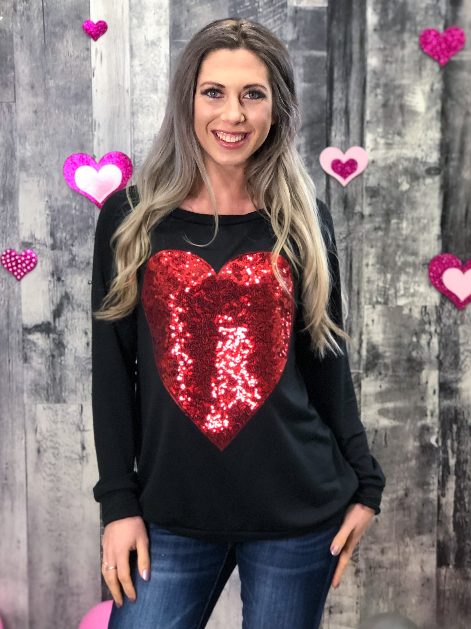 Black Sweatshirt with Red Sequin Heart