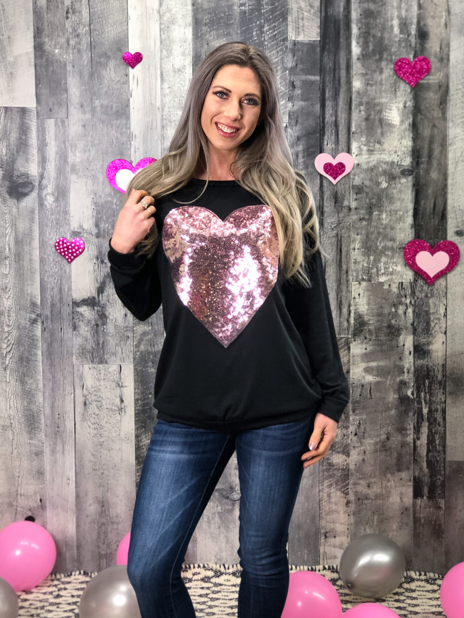 Black Sweater with Pink Sequin Heart