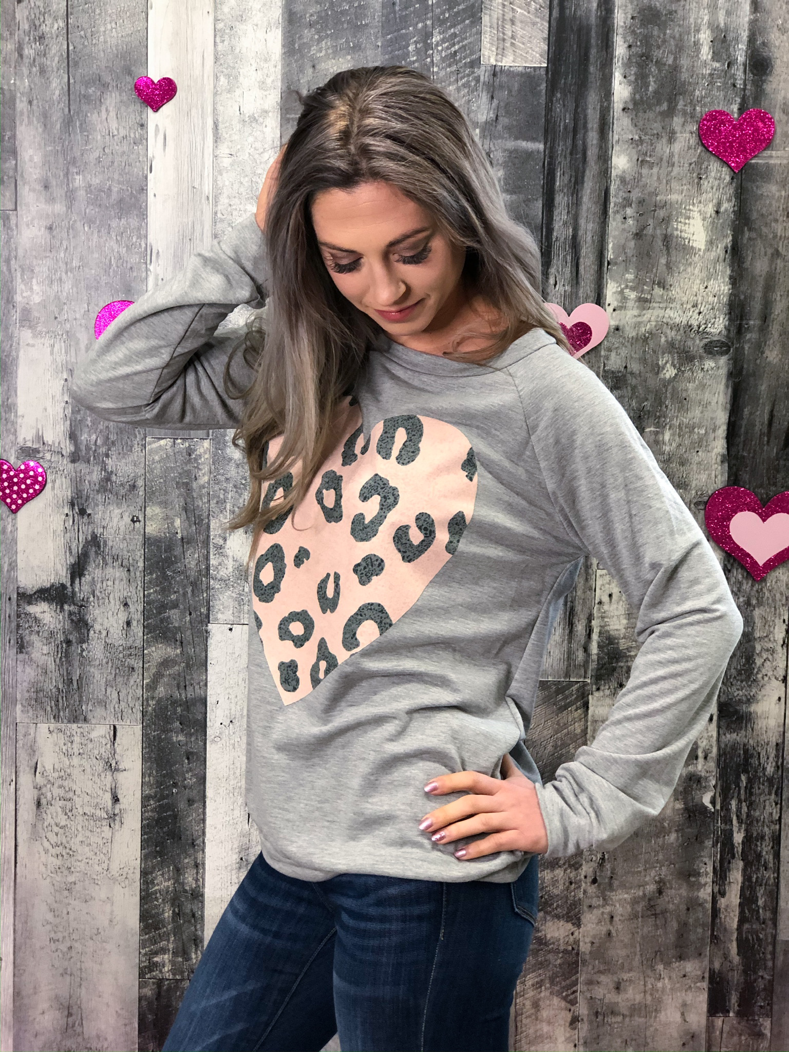 Grey Sweater with Leopard Heart