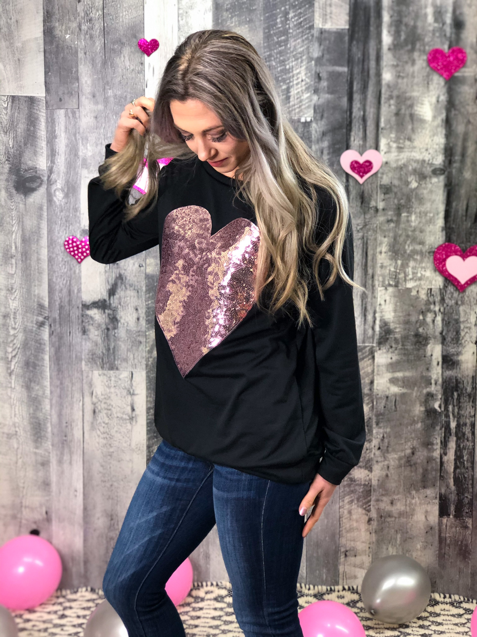 Black Sweater with Pink Sequin Heart