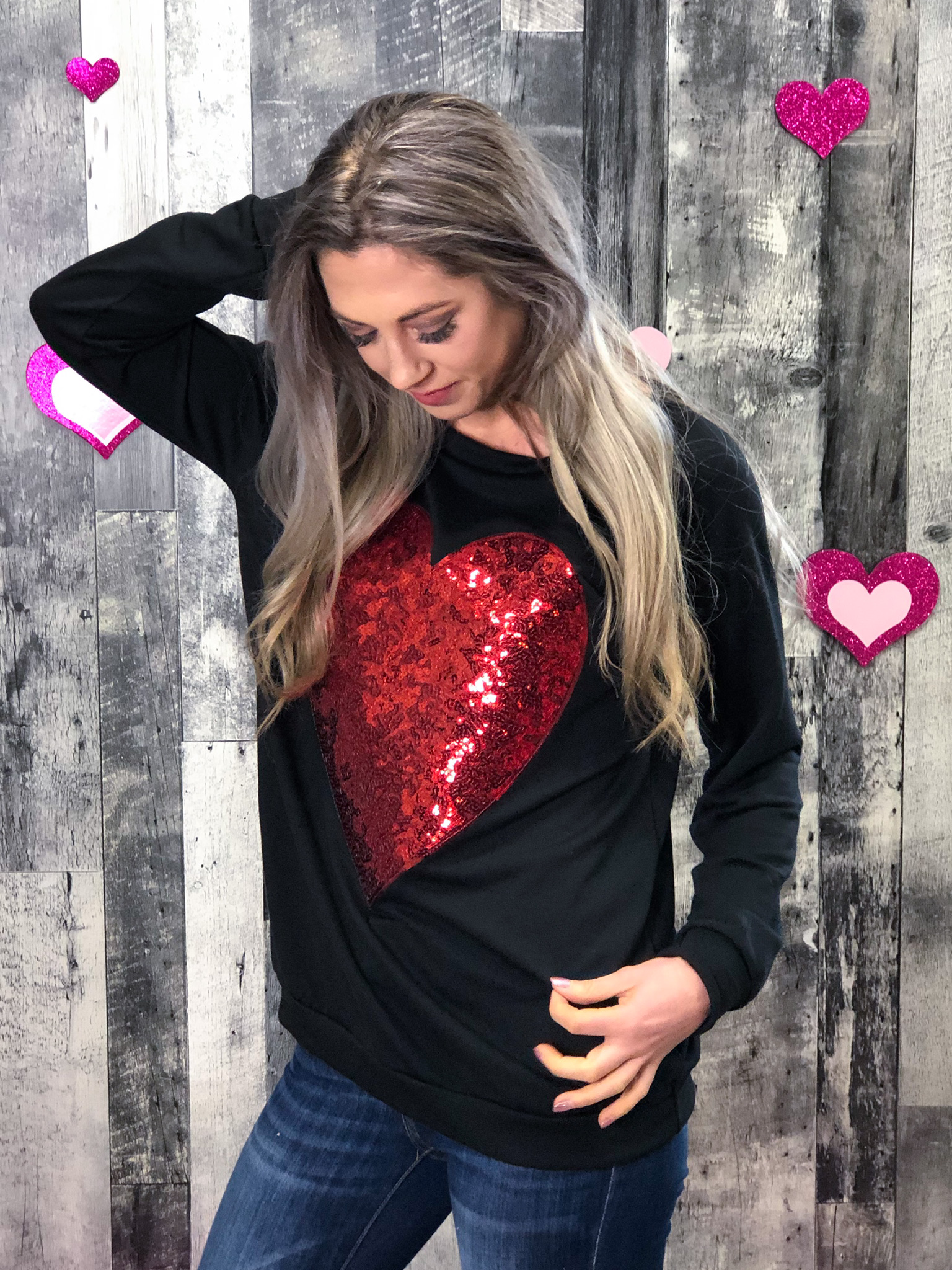 Black Sweatshirt with Red Sequin Heart 20054