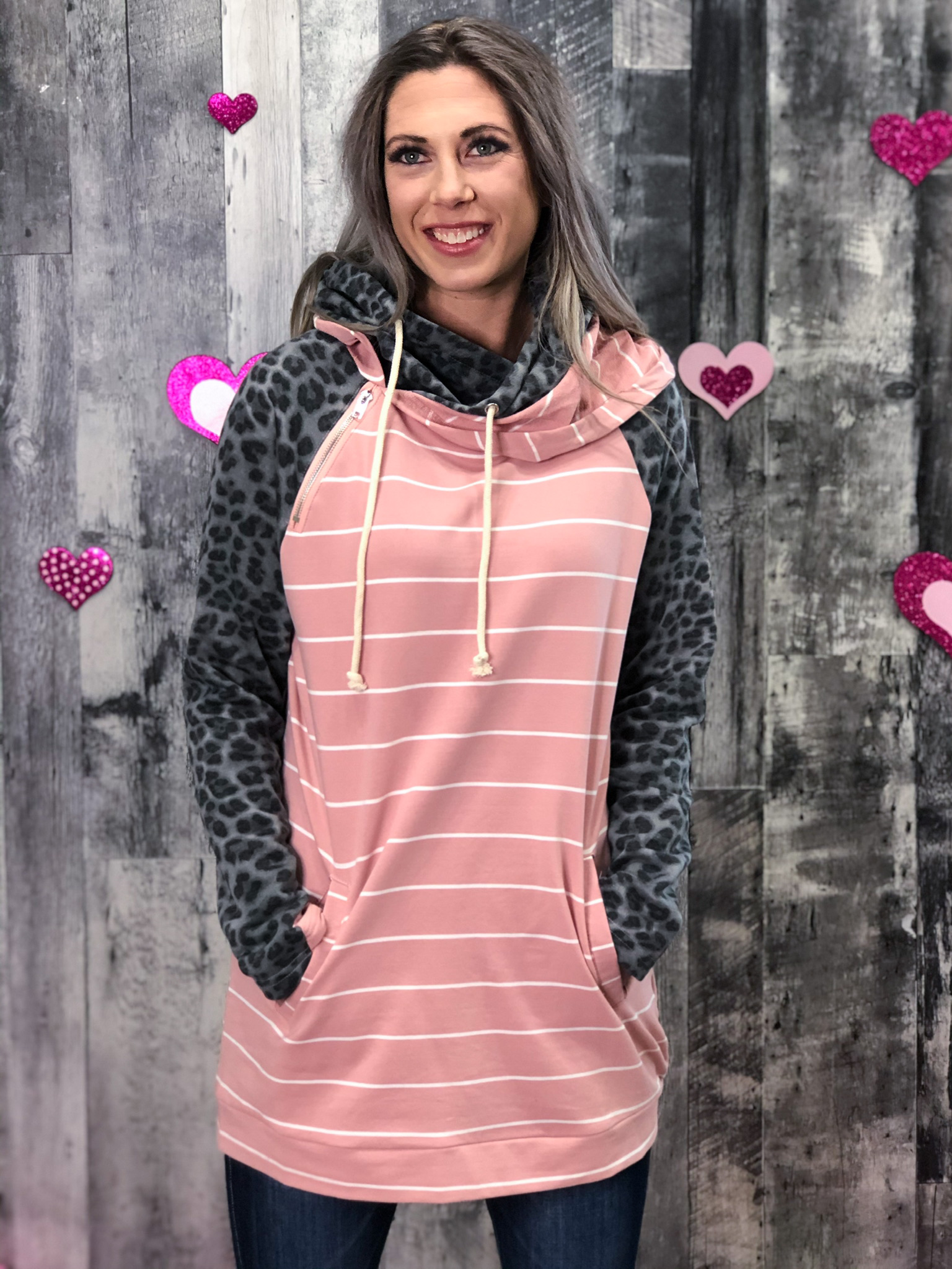 Blush Hoodie with Cheetah Grey Sleeves 20030