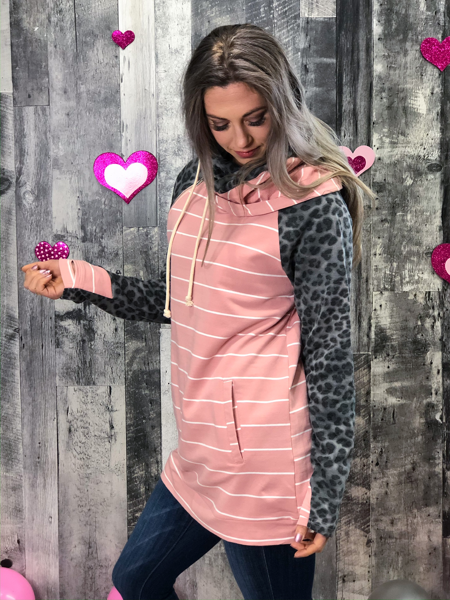 Blush Hoodie with Cheetah Grey Sleeves