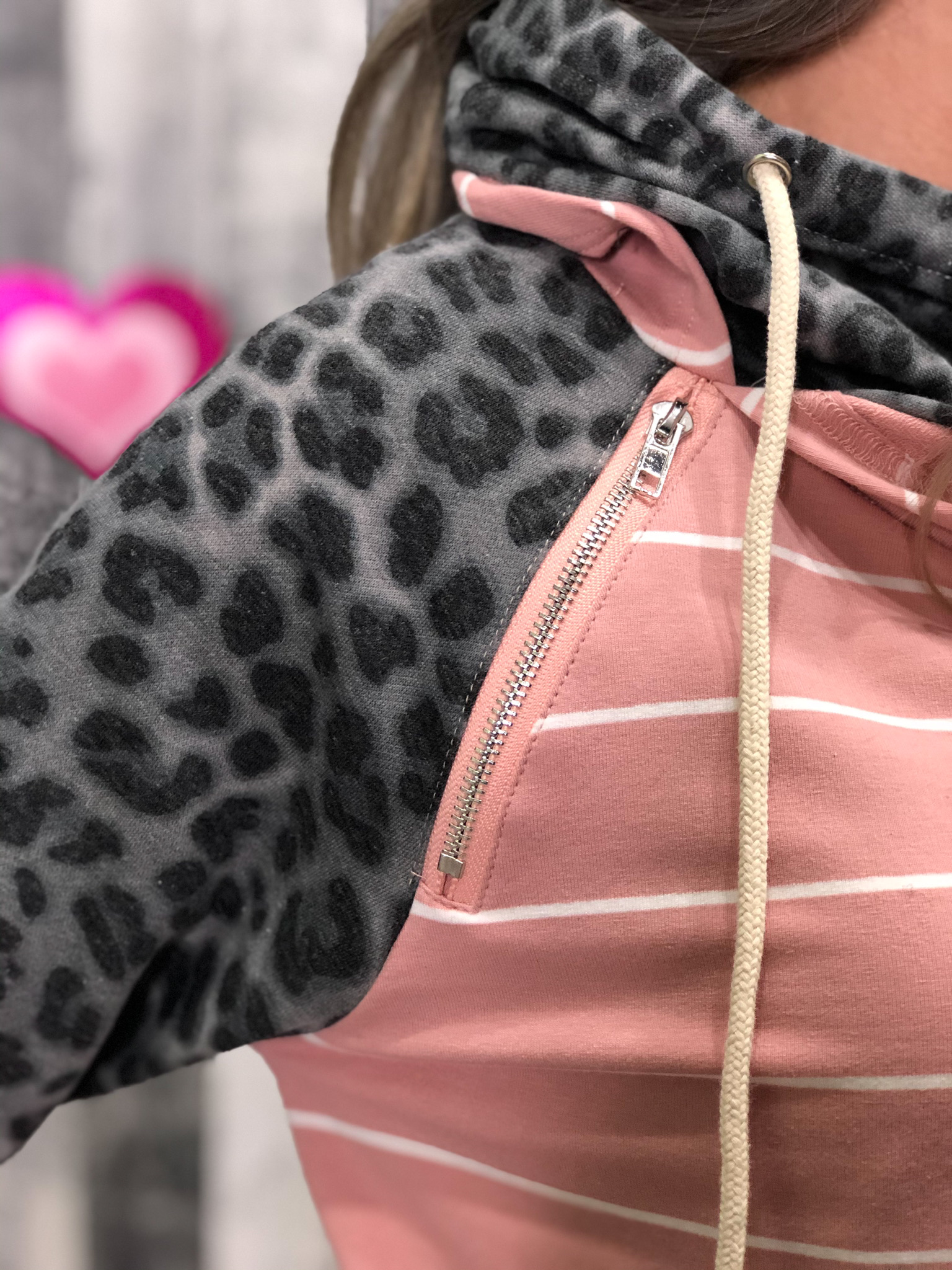 Blush Hoodie with Cheetah Grey Sleeves