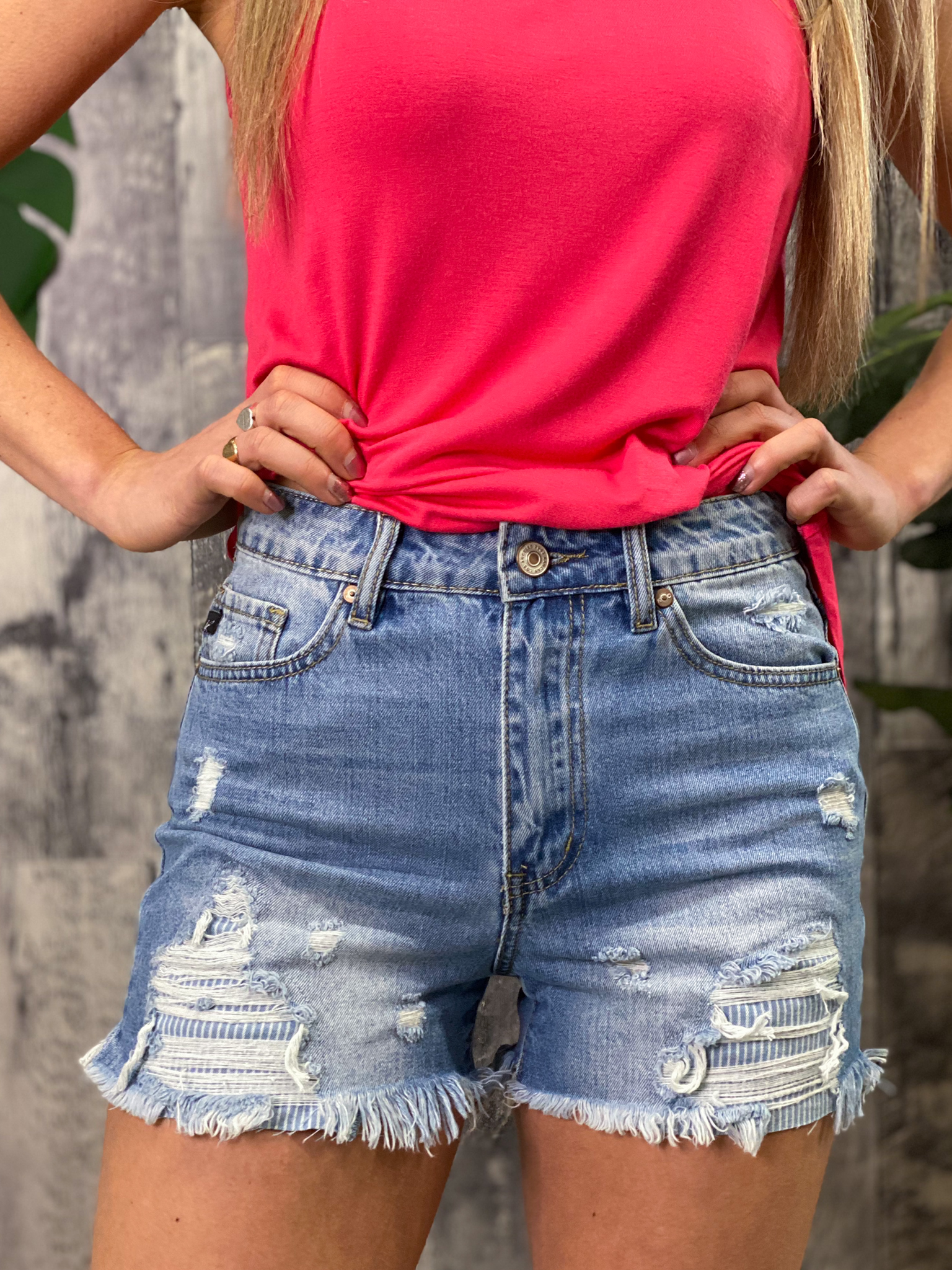 Kan Can Distressed Denim Shorts with stripe detailing 3028