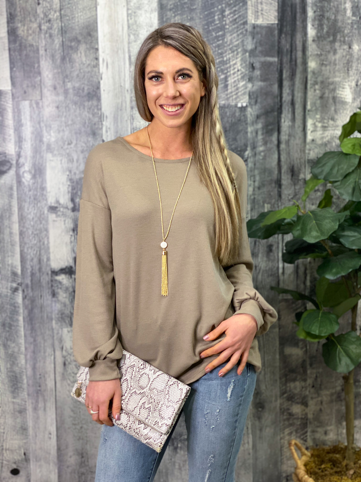 Criss Cross Back Long Sleeve Top - Taupe 3008
