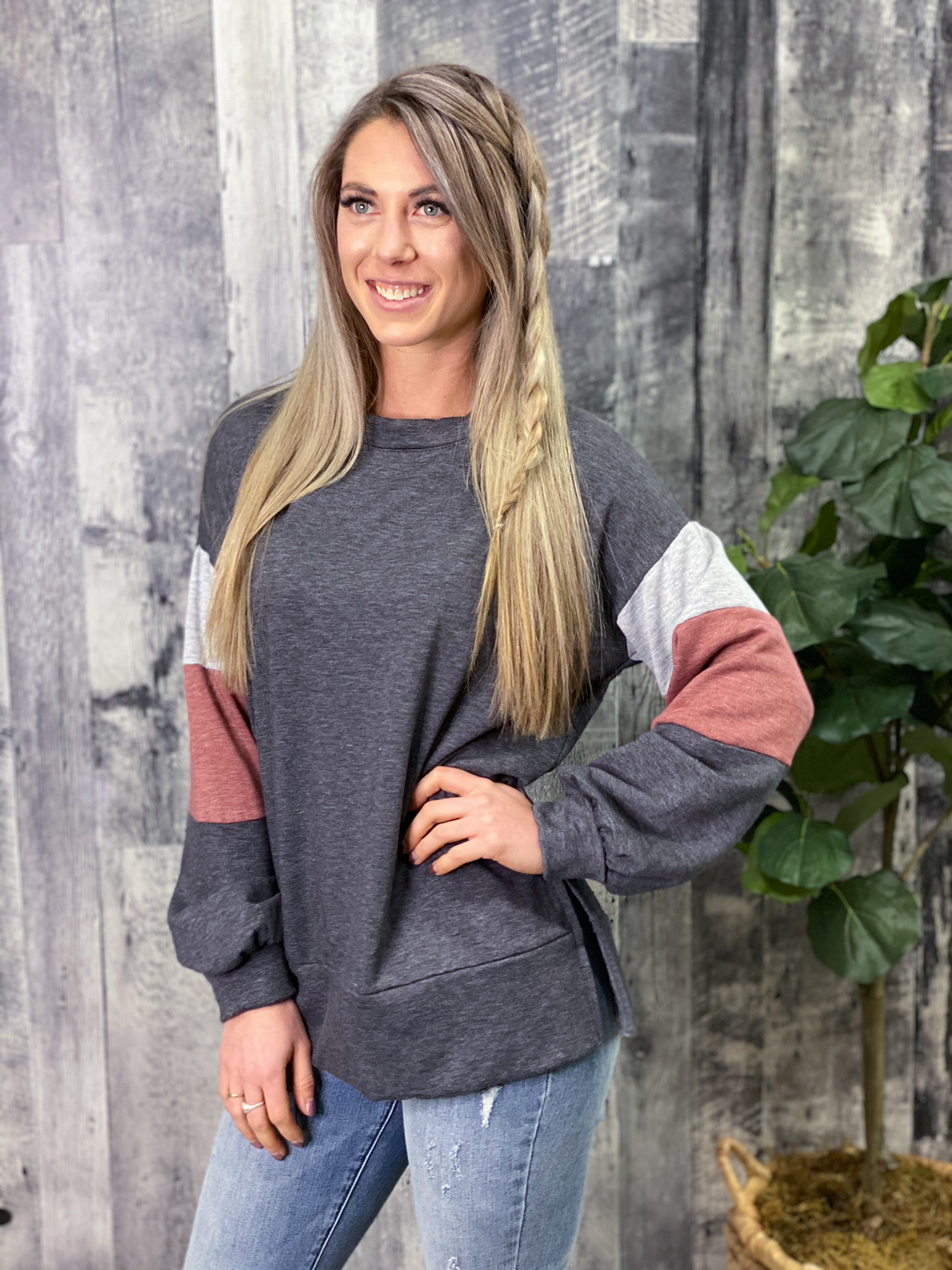 Charcoal Sweatshirt with Color Block Sleeves
