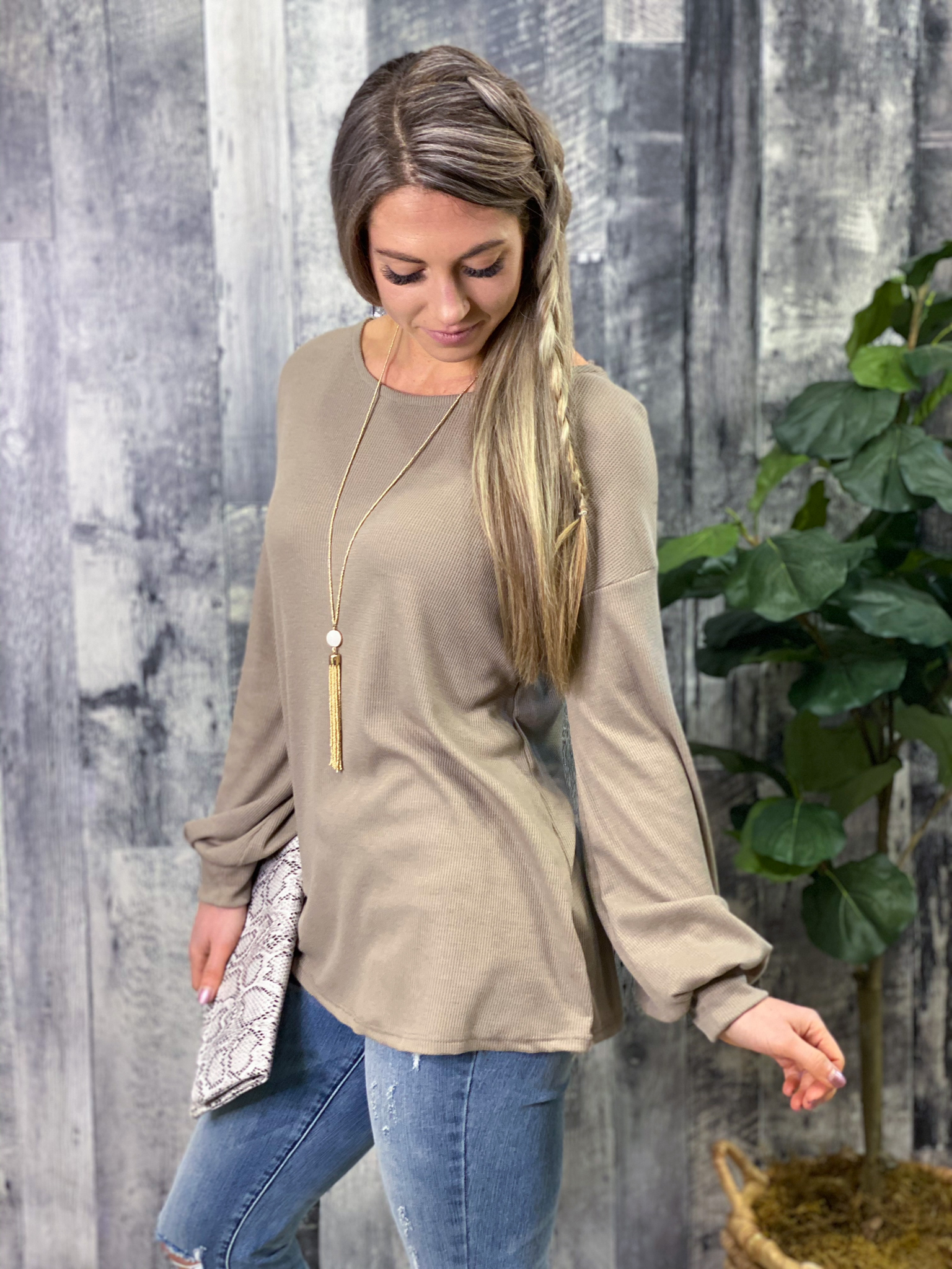 Criss Cross Back Long Sleeve Top - Taupe