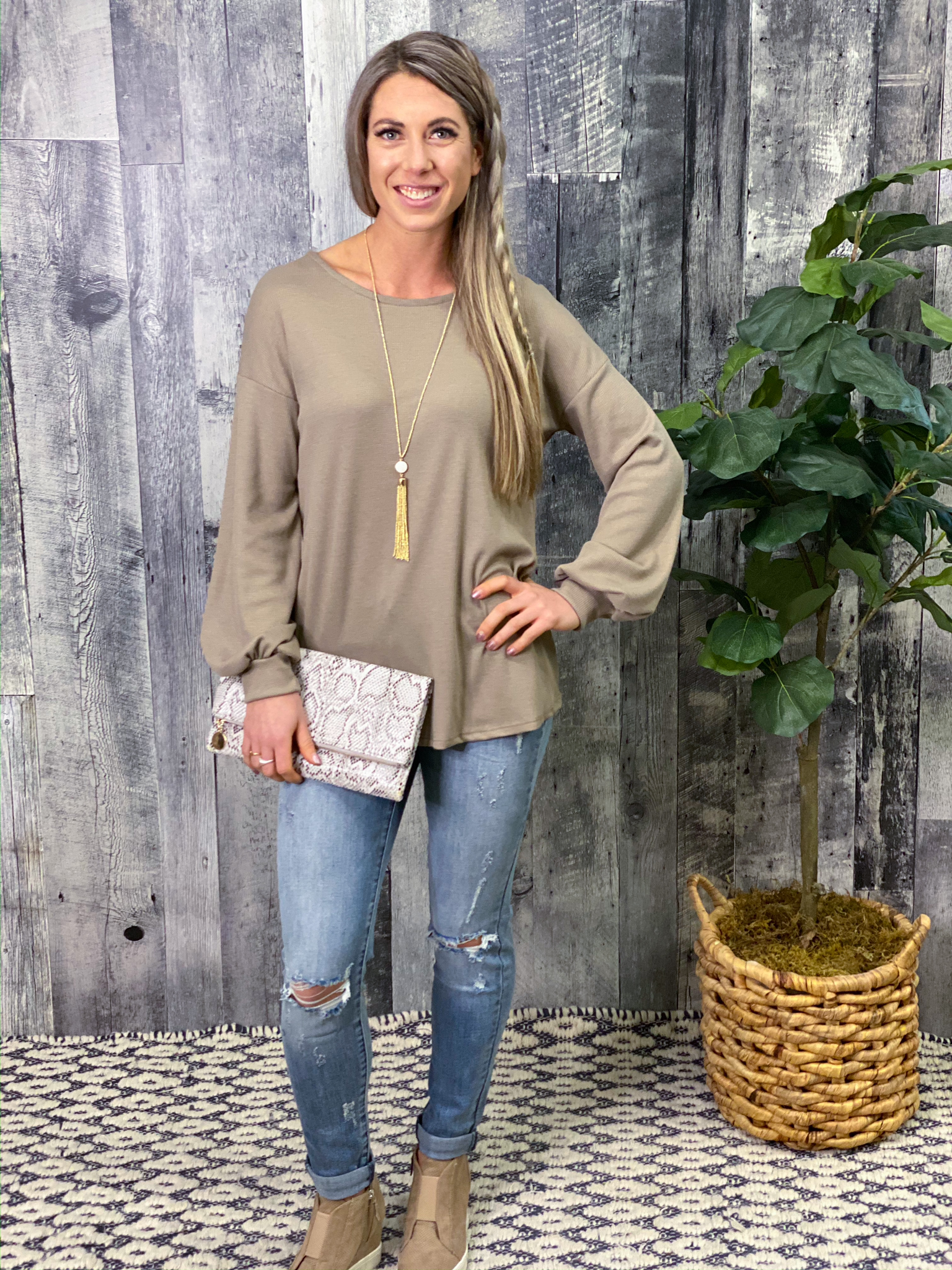 Criss Cross Back Long Sleeve Top - Taupe
