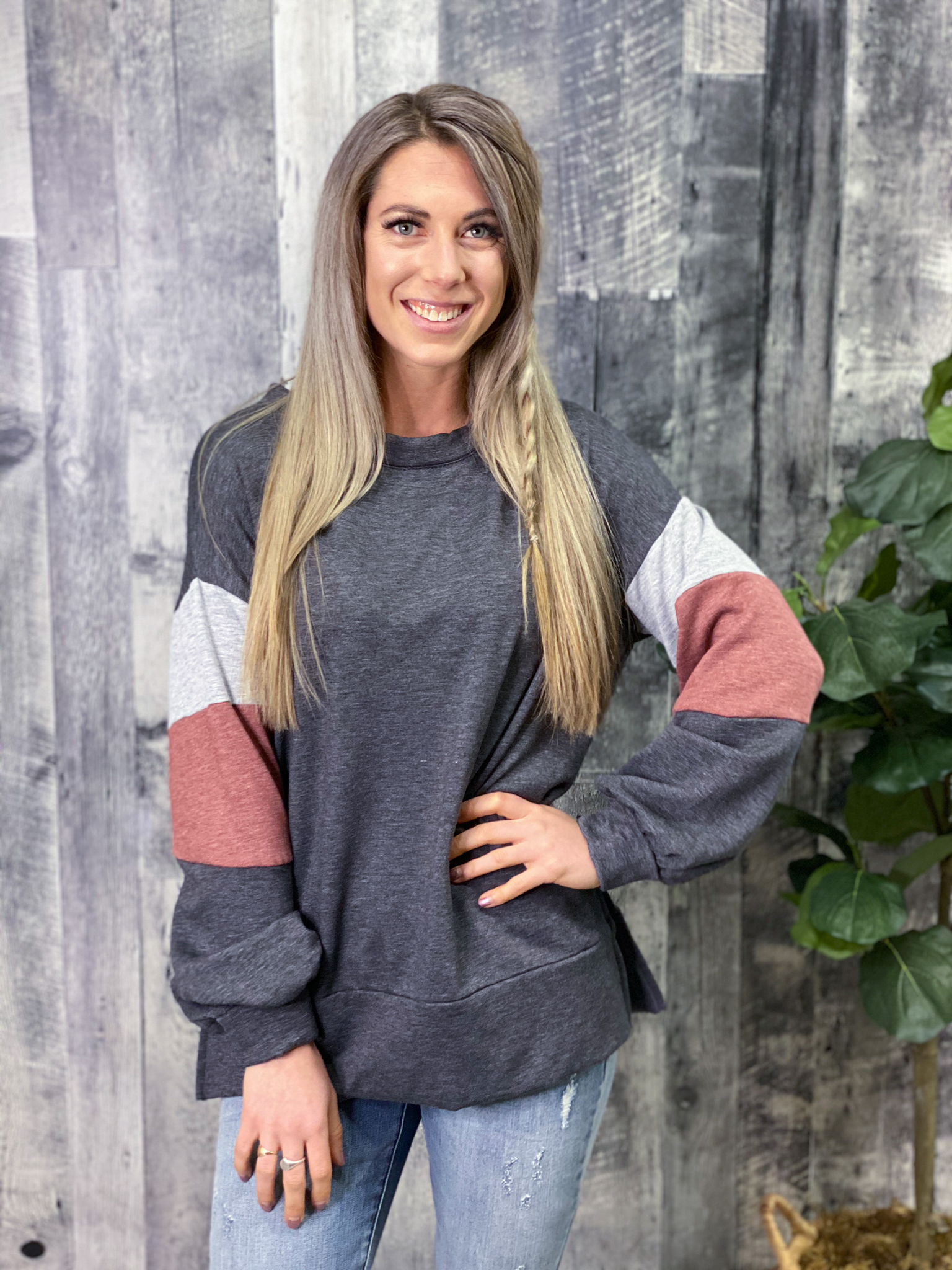 Charcoal Sweatshirt with Color Block Sleeves 3012