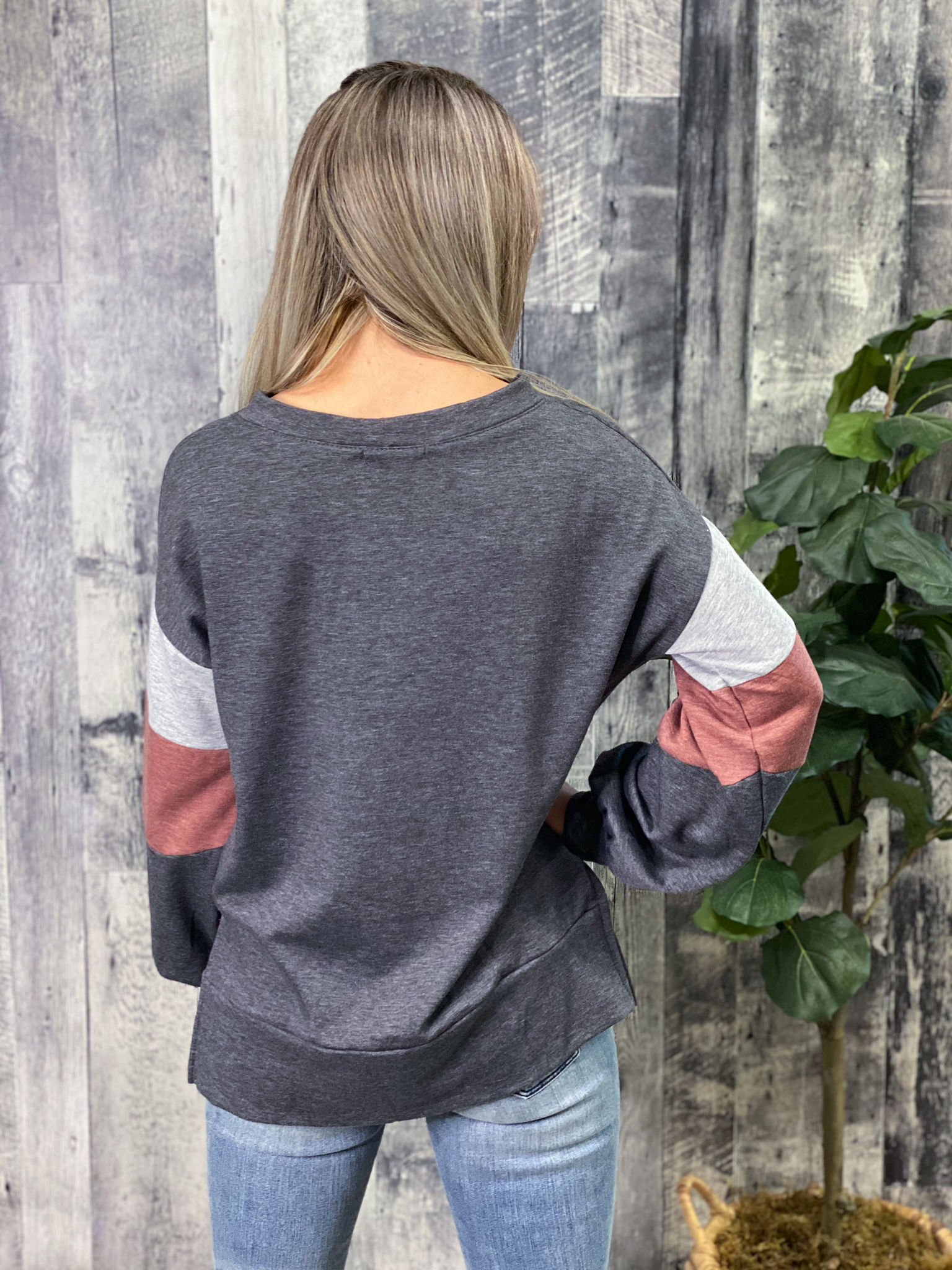 Charcoal Sweatshirt with Color Block Sleeves