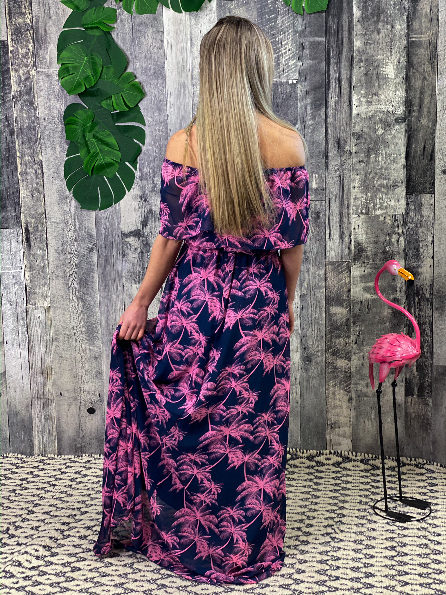 Off shoulder ruffle Navy Pink Palm Tree Dress
