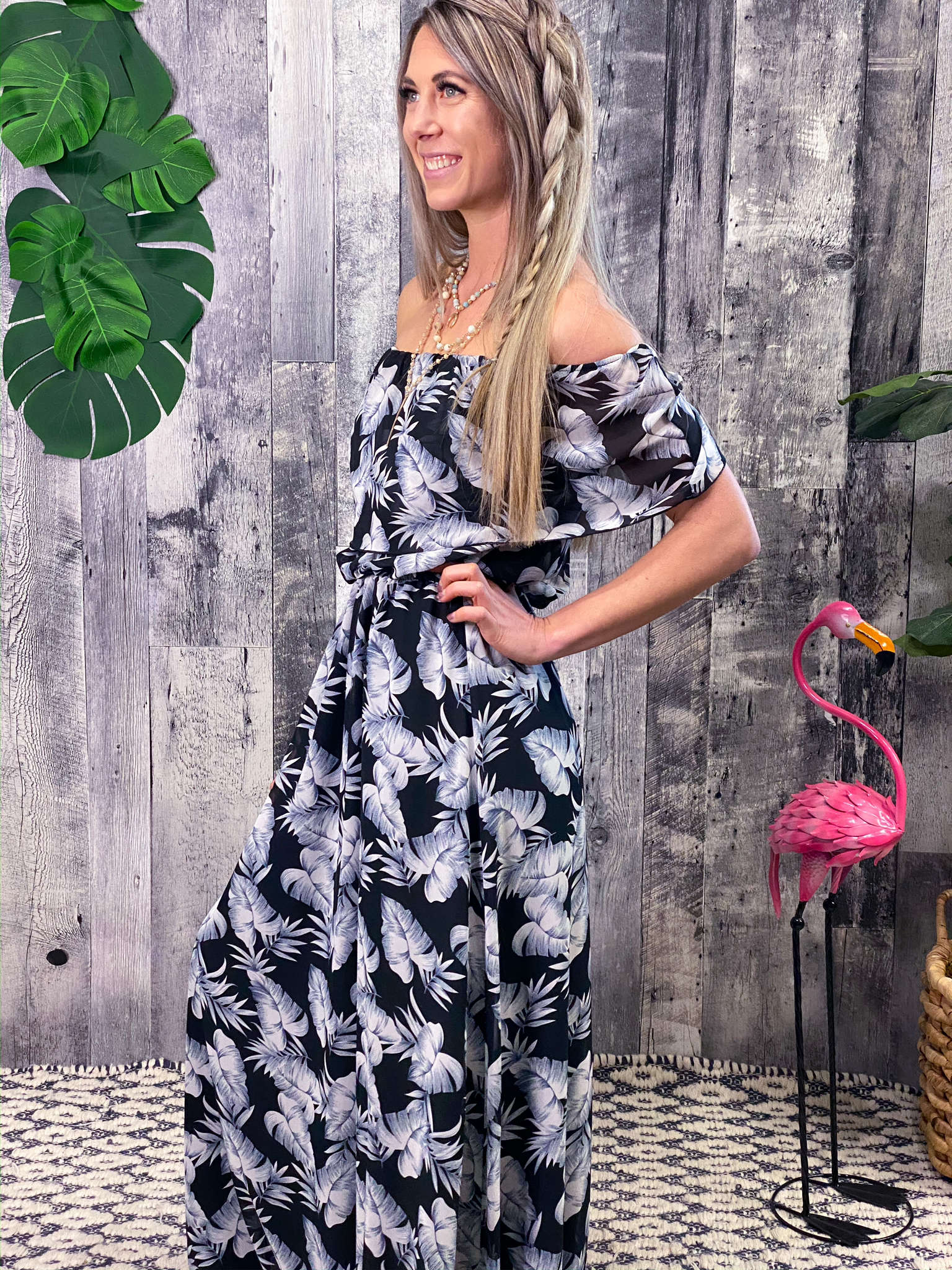 Off shoulder ruffle Black and White Palm Leaf Dress