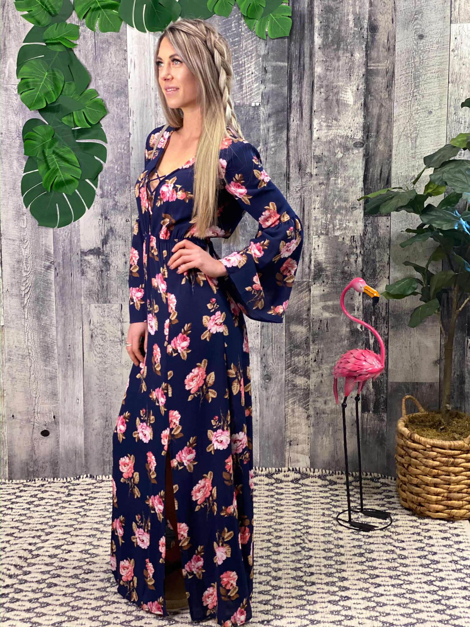 Deep V Navy Floral Maxi Dress