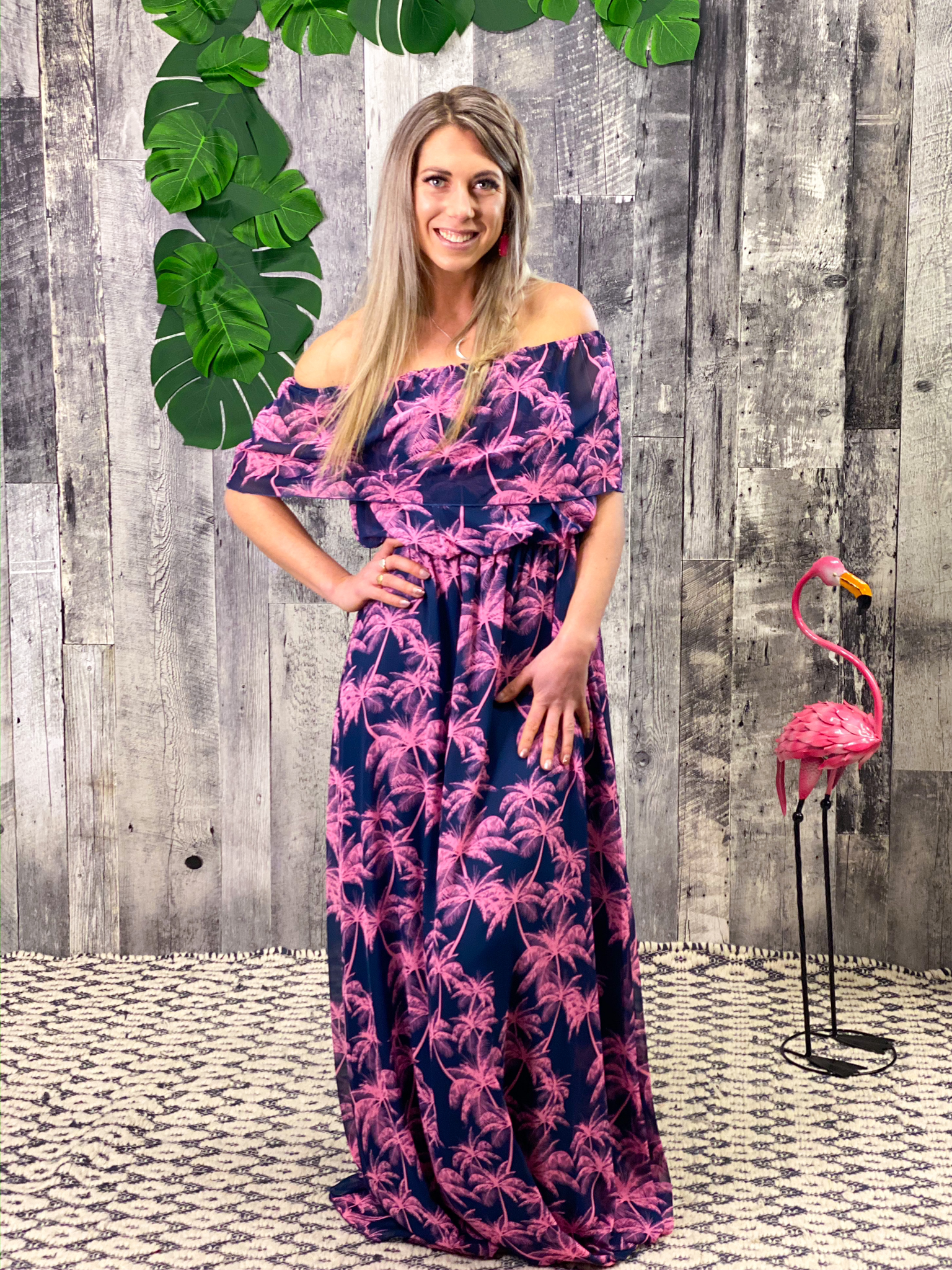 Off shoulder ruffle Navy Pink Palm Tree Dress 84884