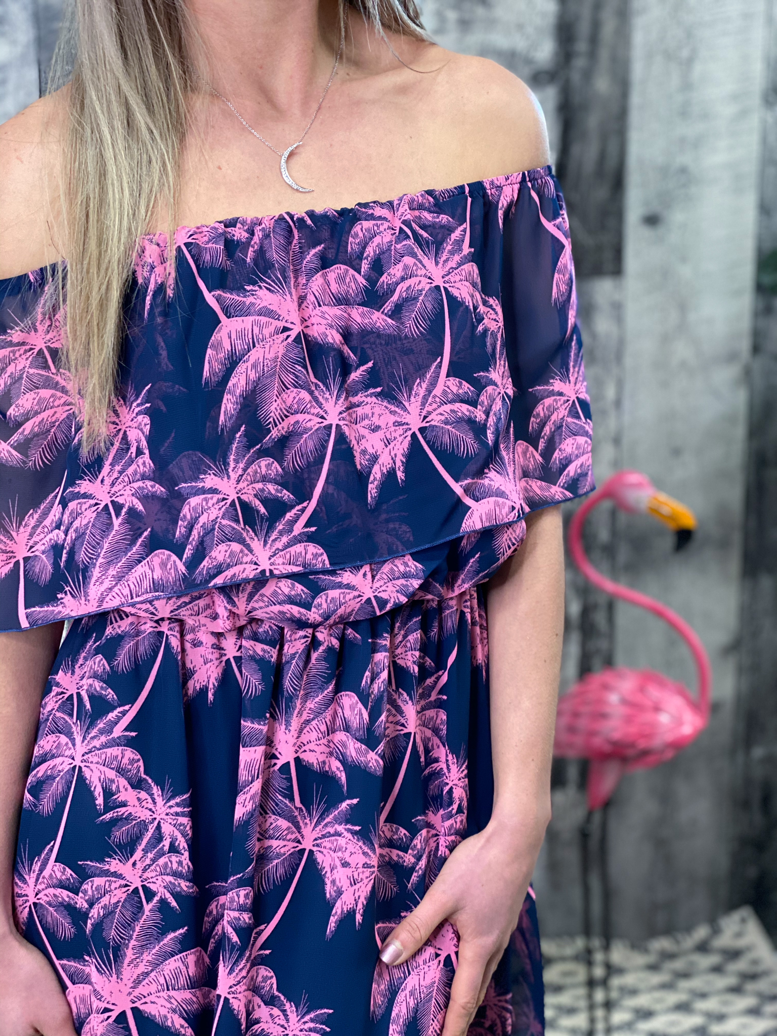 Off shoulder ruffle Navy Pink Palm Tree Dress