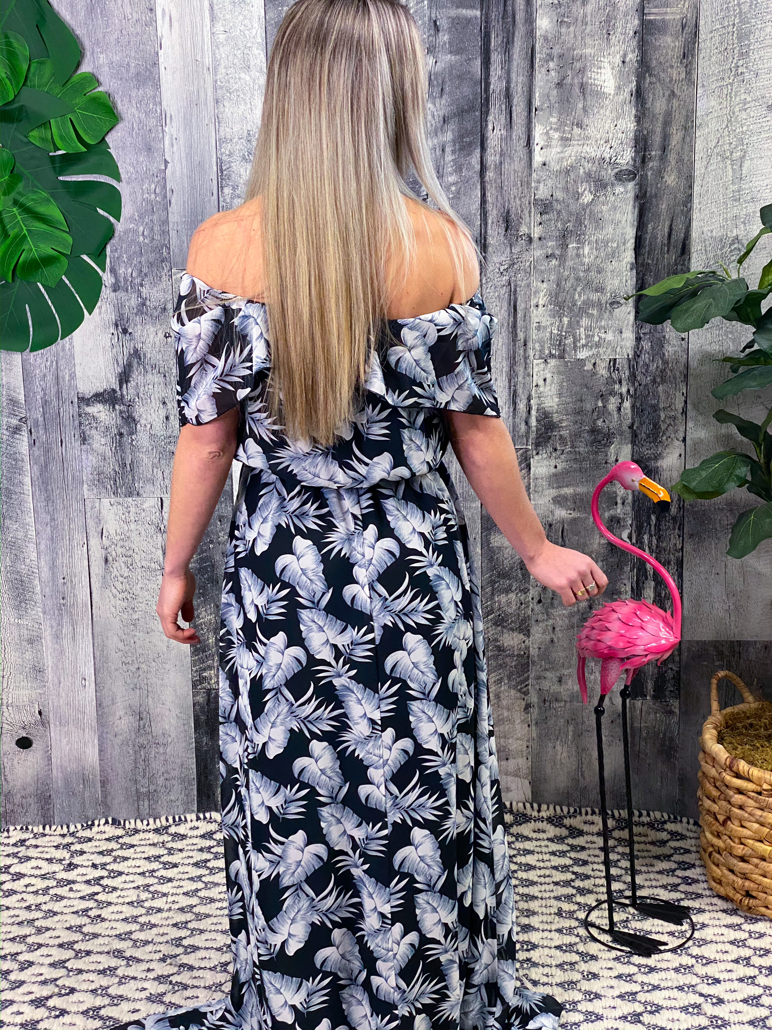 Off shoulder ruffle Black and White Palm Leaf Dress