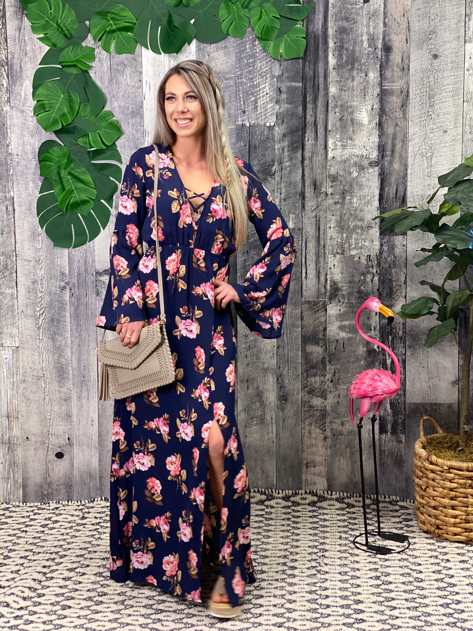 Deep V Navy Floral Maxi Dress 84880