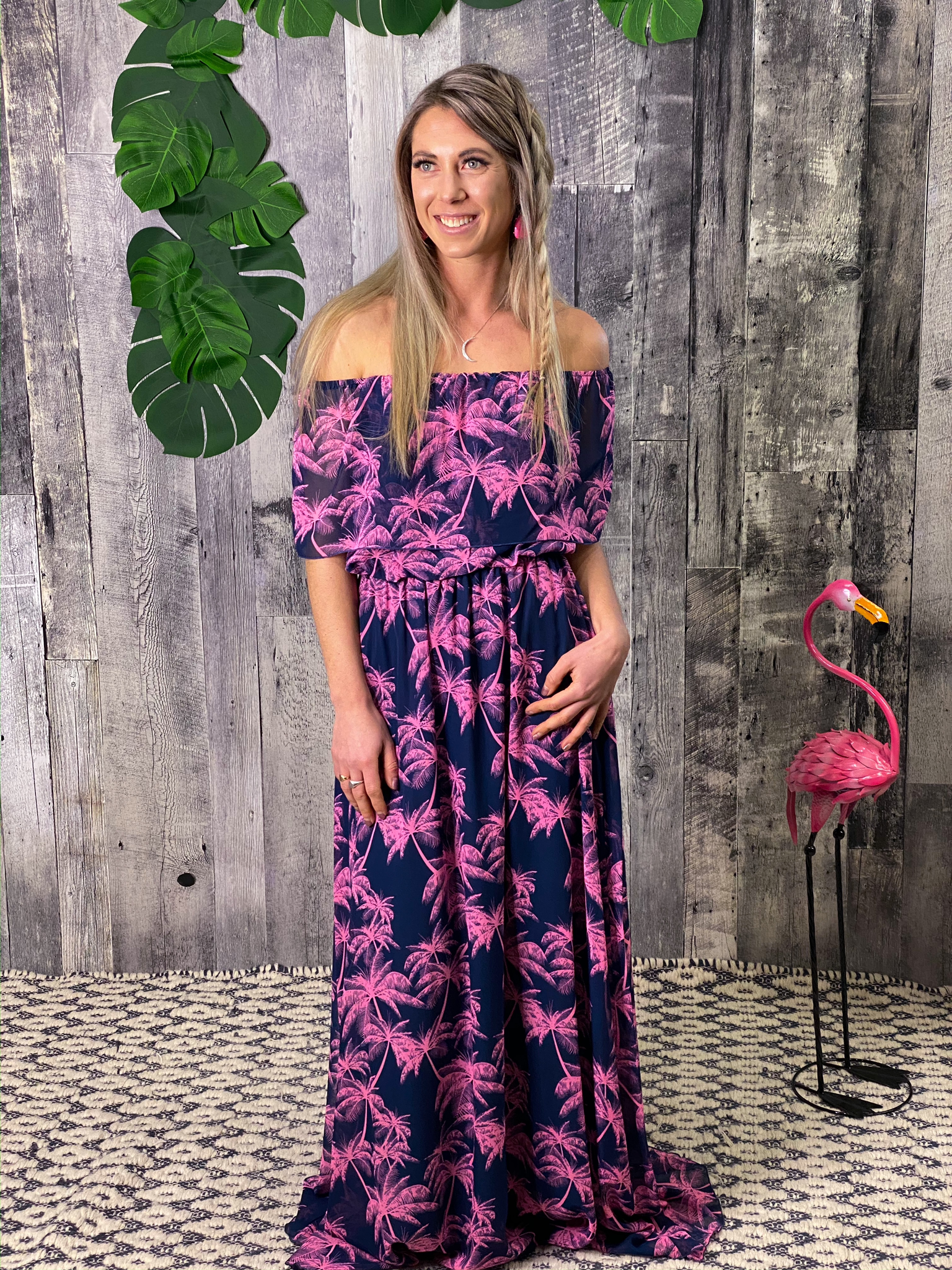 Off shoulder ruffle Navy Pink Palm Tree Dress