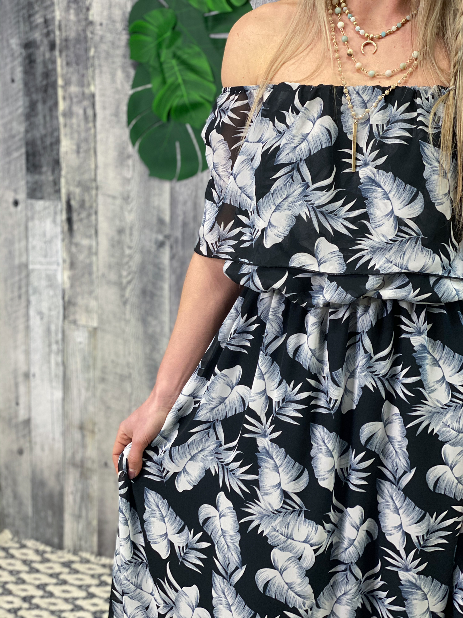 Off shoulder ruffle Black and White Palm Leaf Dress