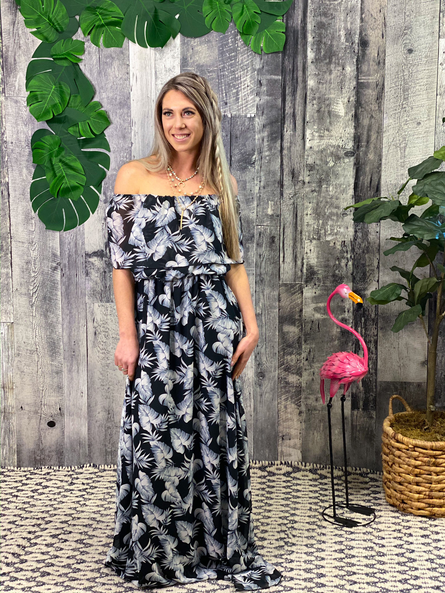 Off shoulder ruffle Black and White Palm Leaf Dress