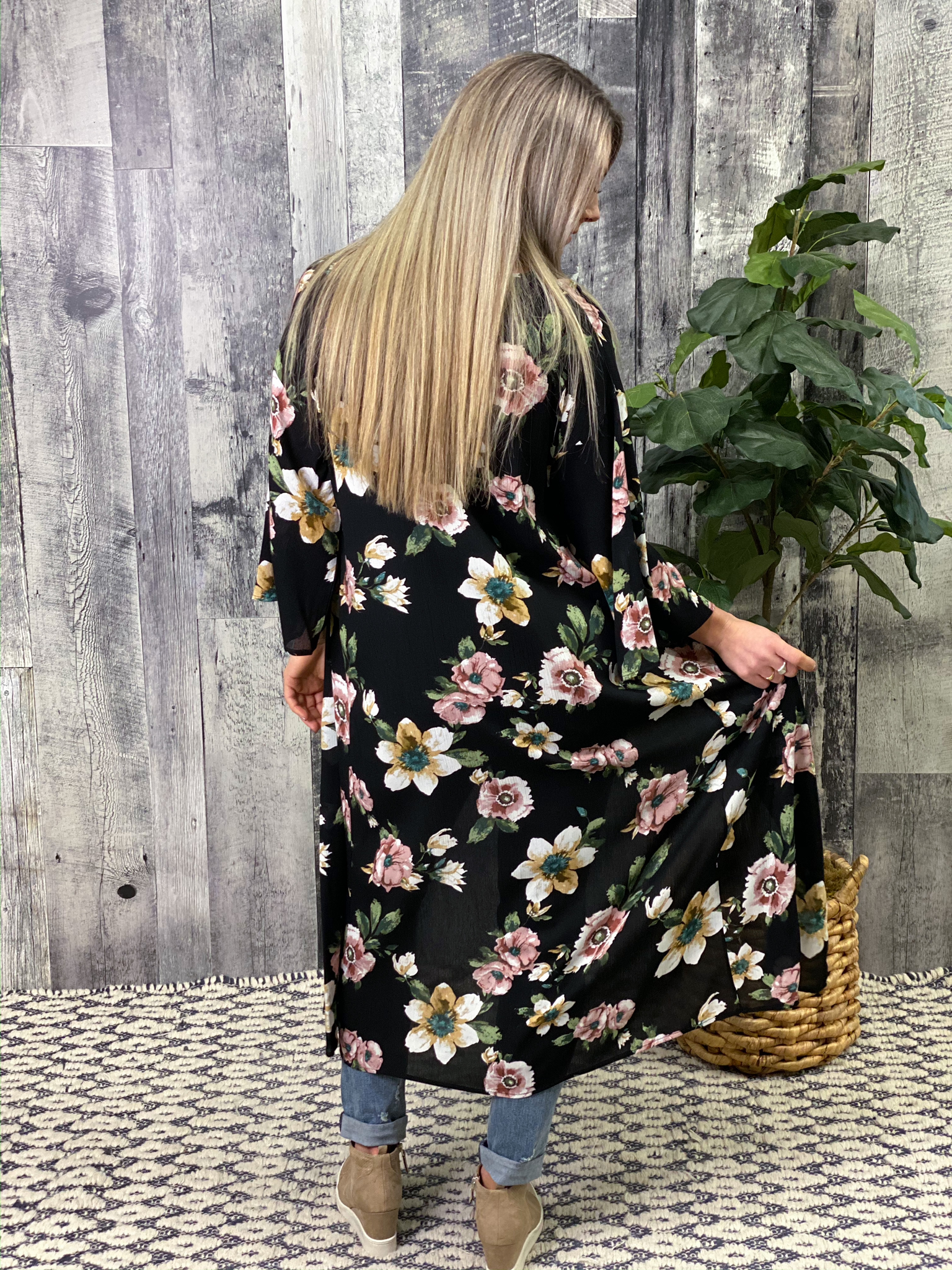 Long Black Floral Kimono
