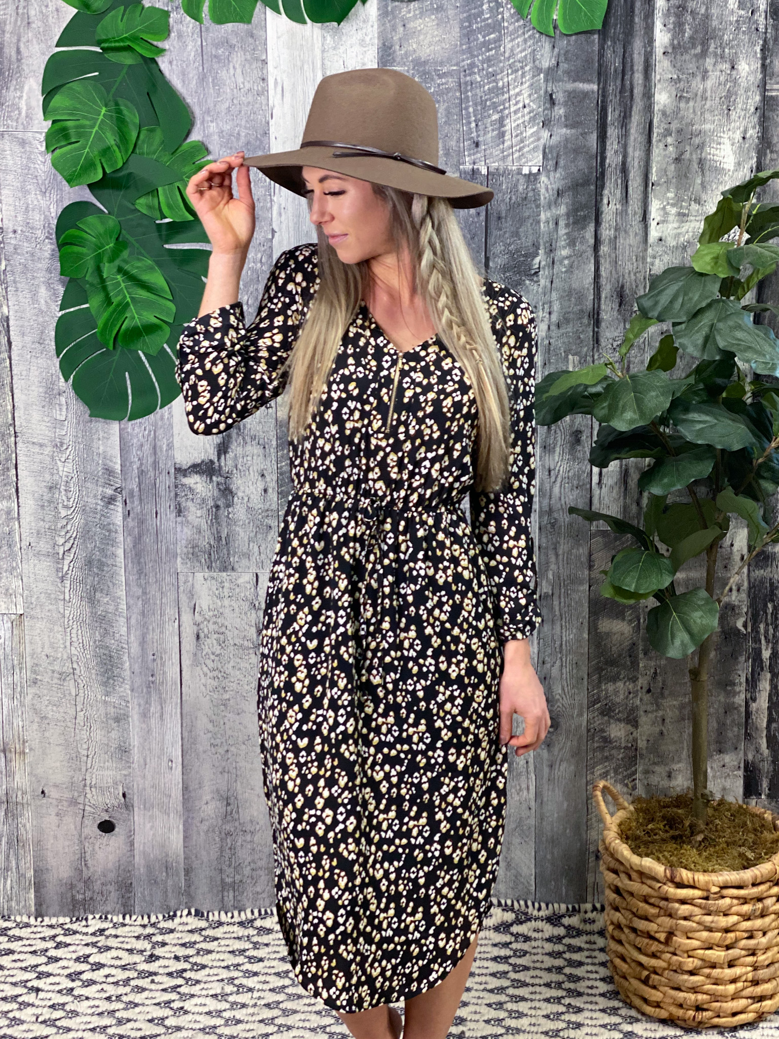 Patterned Midi Dress with Zipper