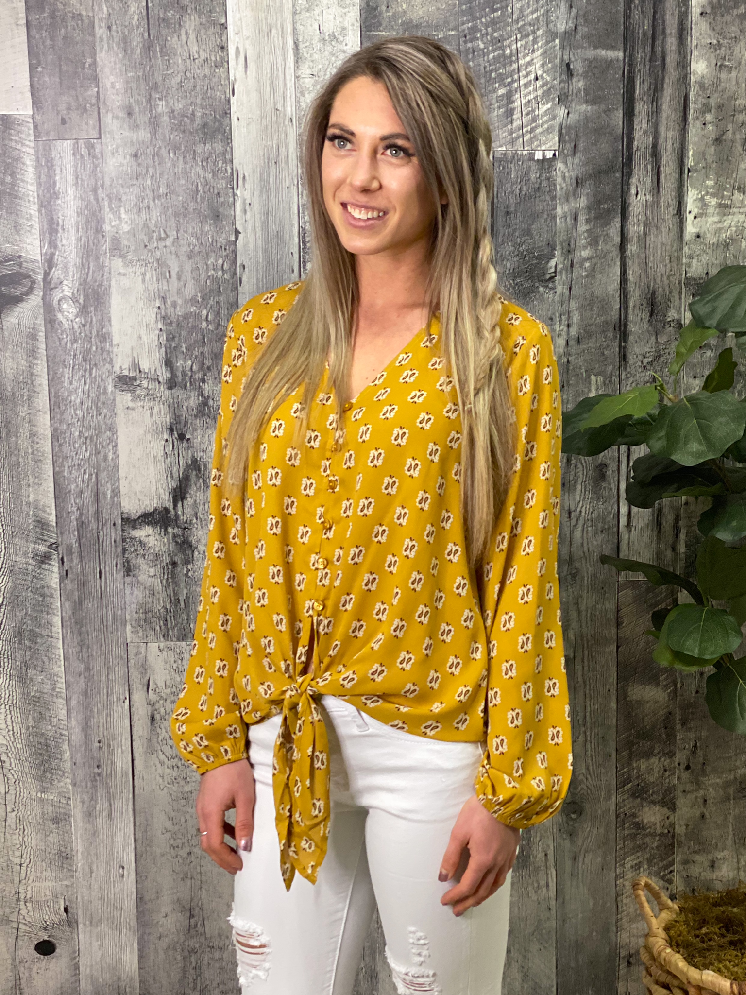 Long Sleeve Mustard Tie Top