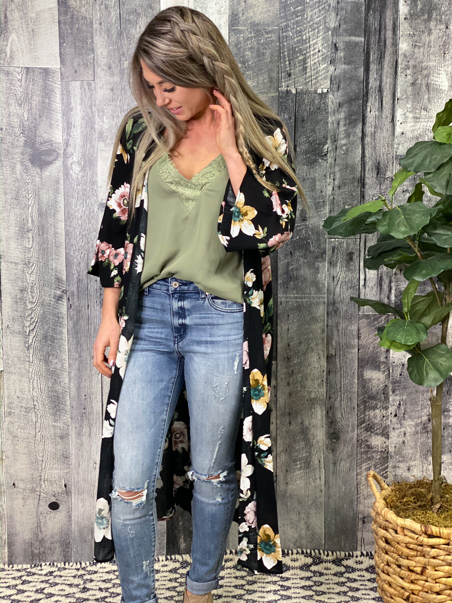Long Black Floral Kimono 84930