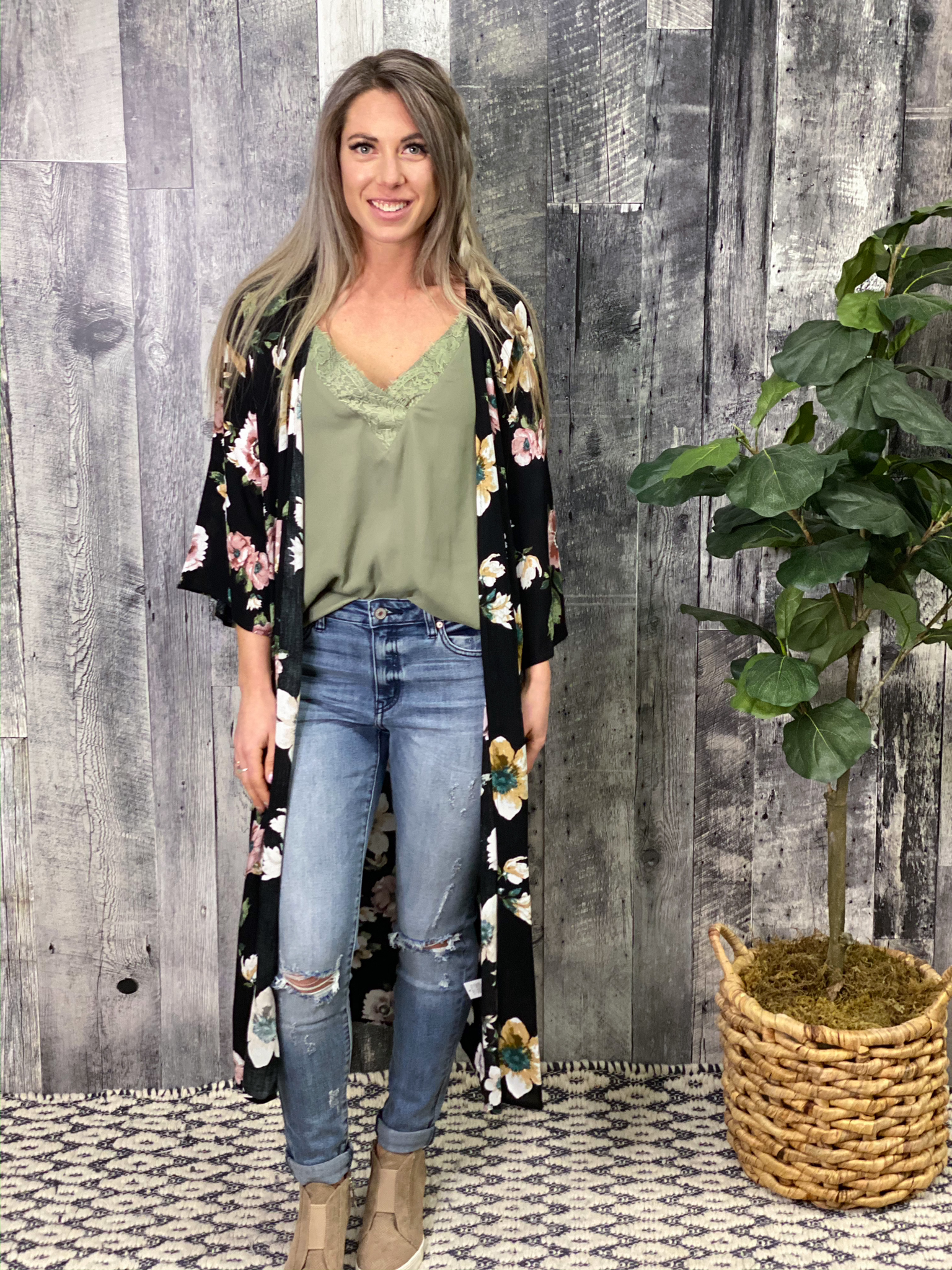 Long Black Floral Kimono