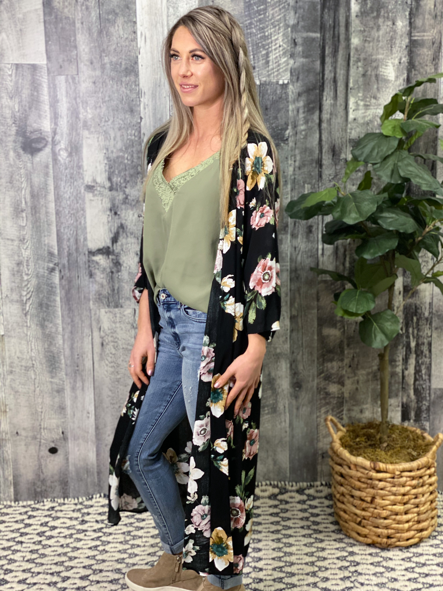 Long Black Floral Kimono