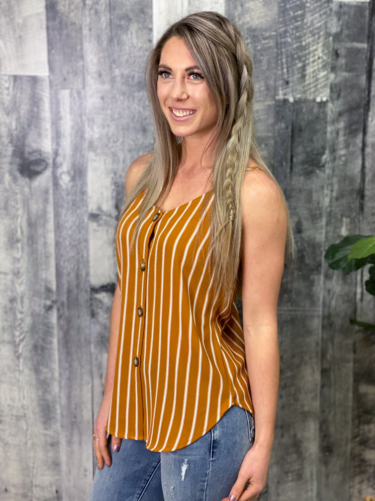 Stripped Tank with Buttons - Mustard