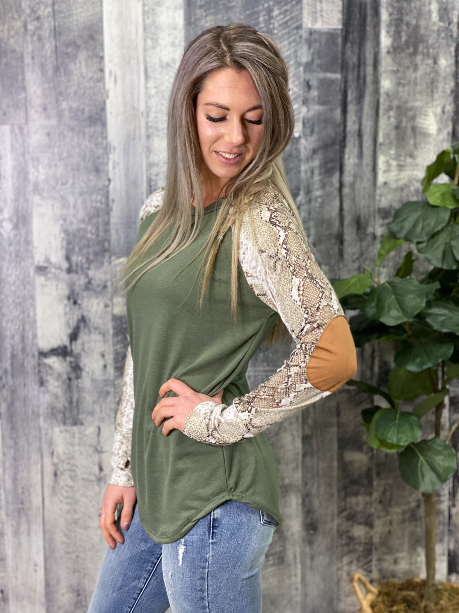 Olive Snakeskin Sleeve Top