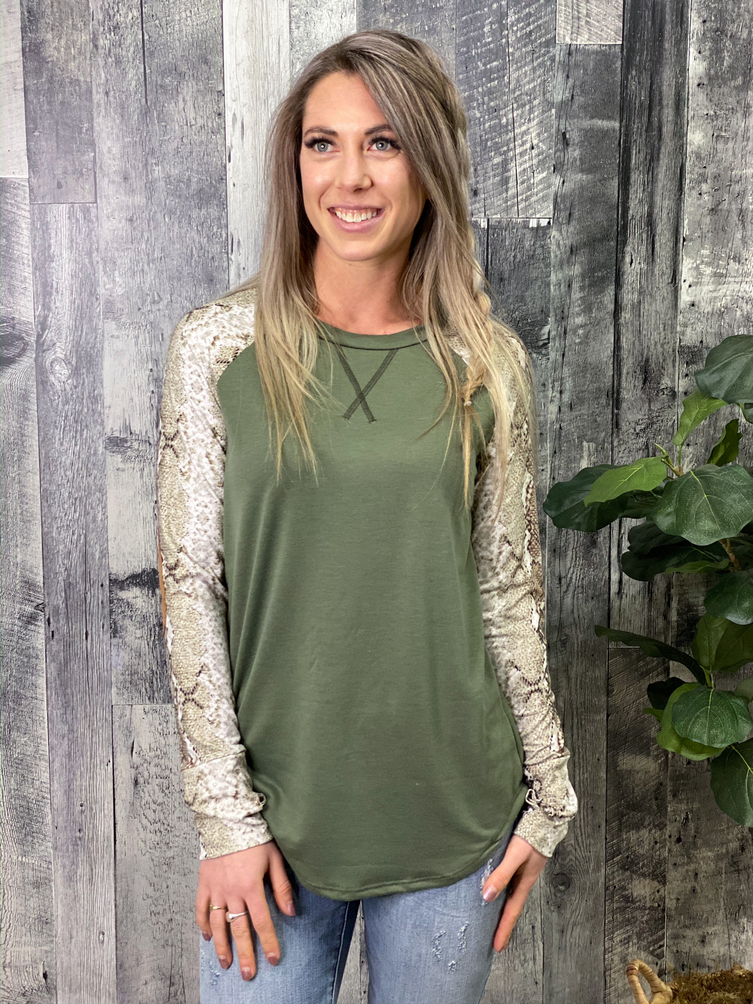 Olive Snakeskin Sleeve Top UDNP