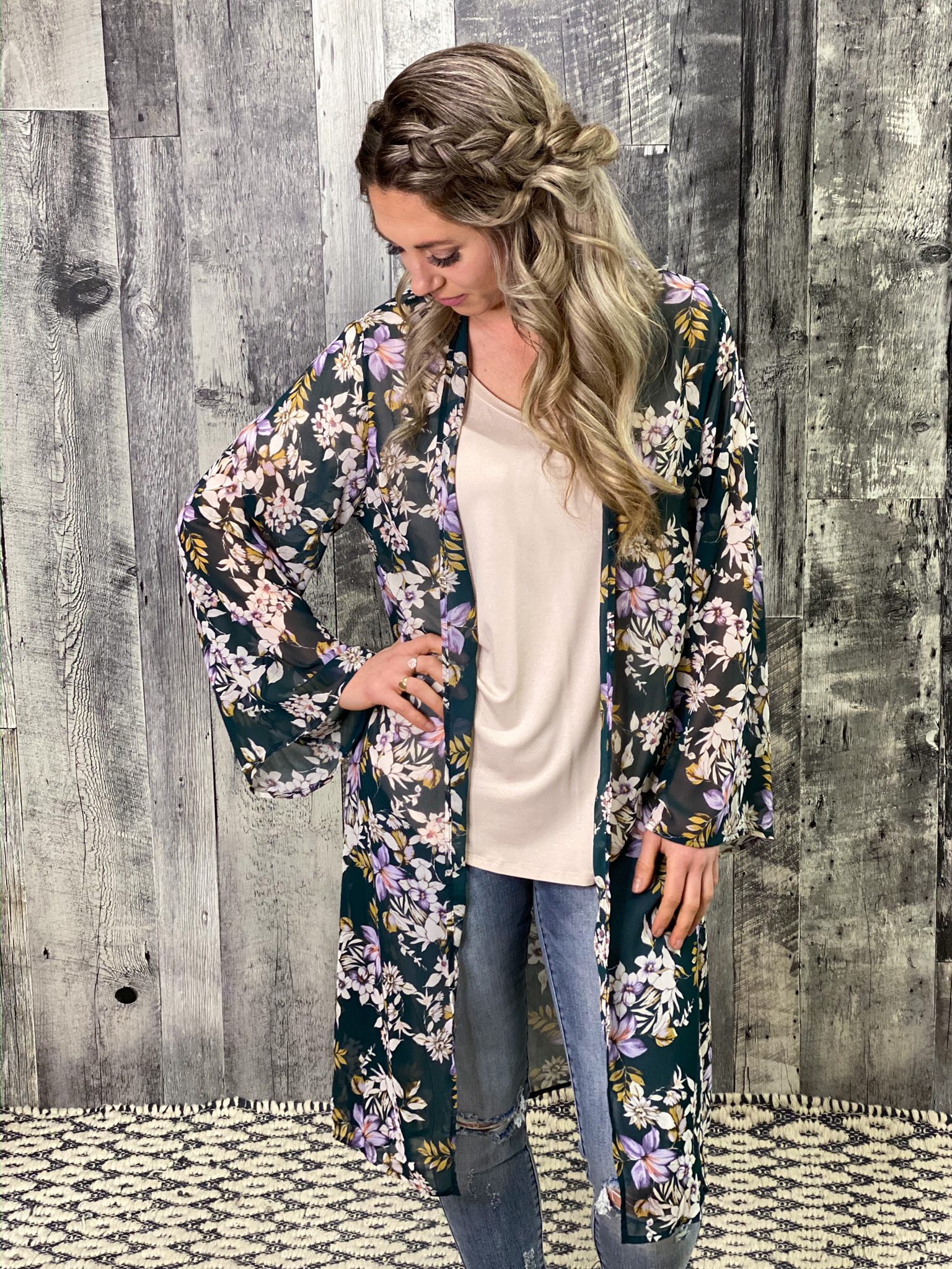 Green Floral Long Sleeve Kimono Duster 7UM7