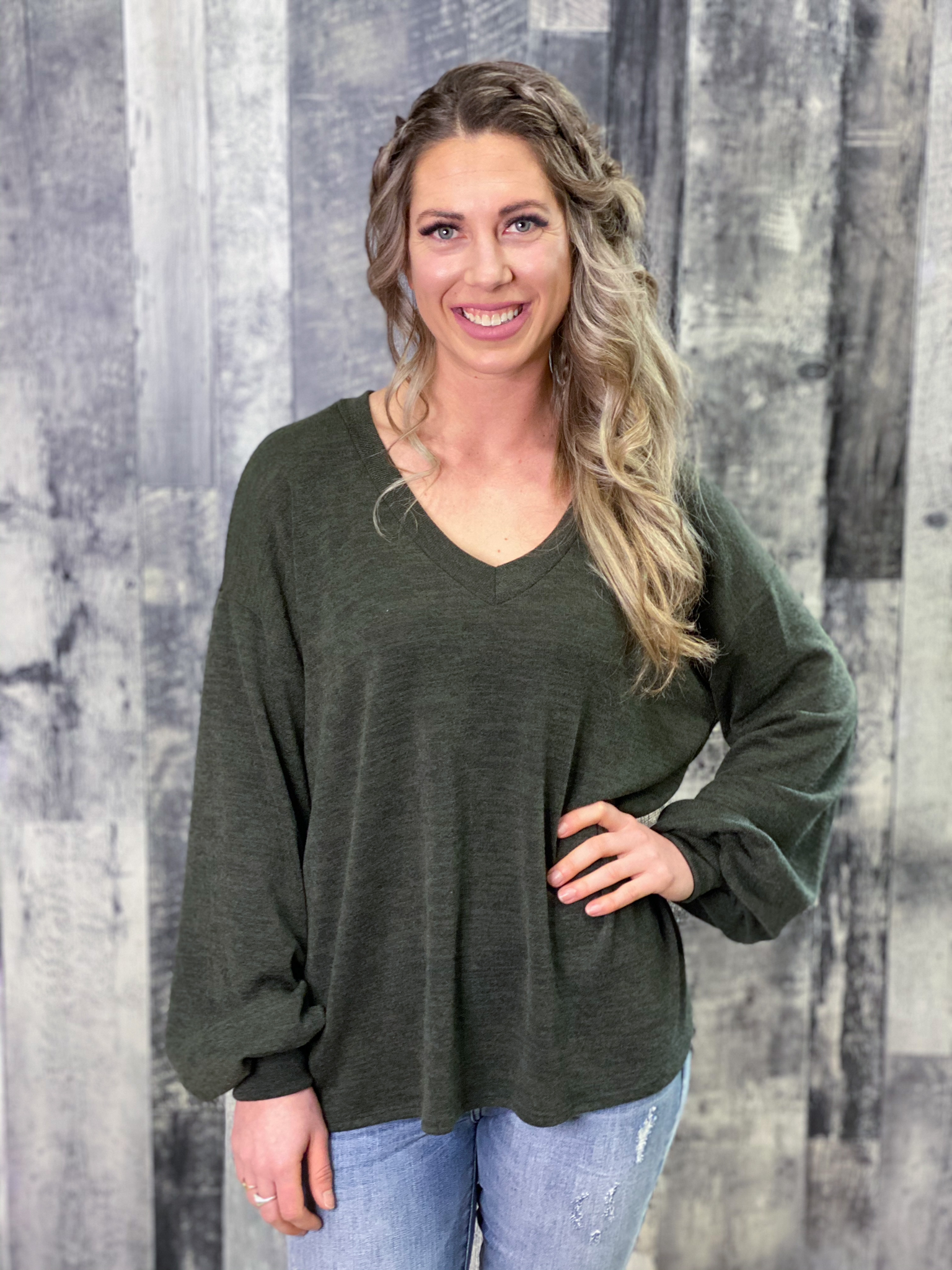 Green Vneck Bubble Sleeve Sweater KGKN