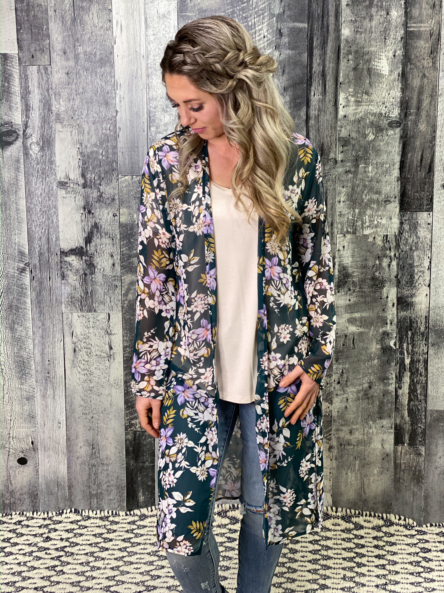 Green Floral Long Sleeve Kimono Duster