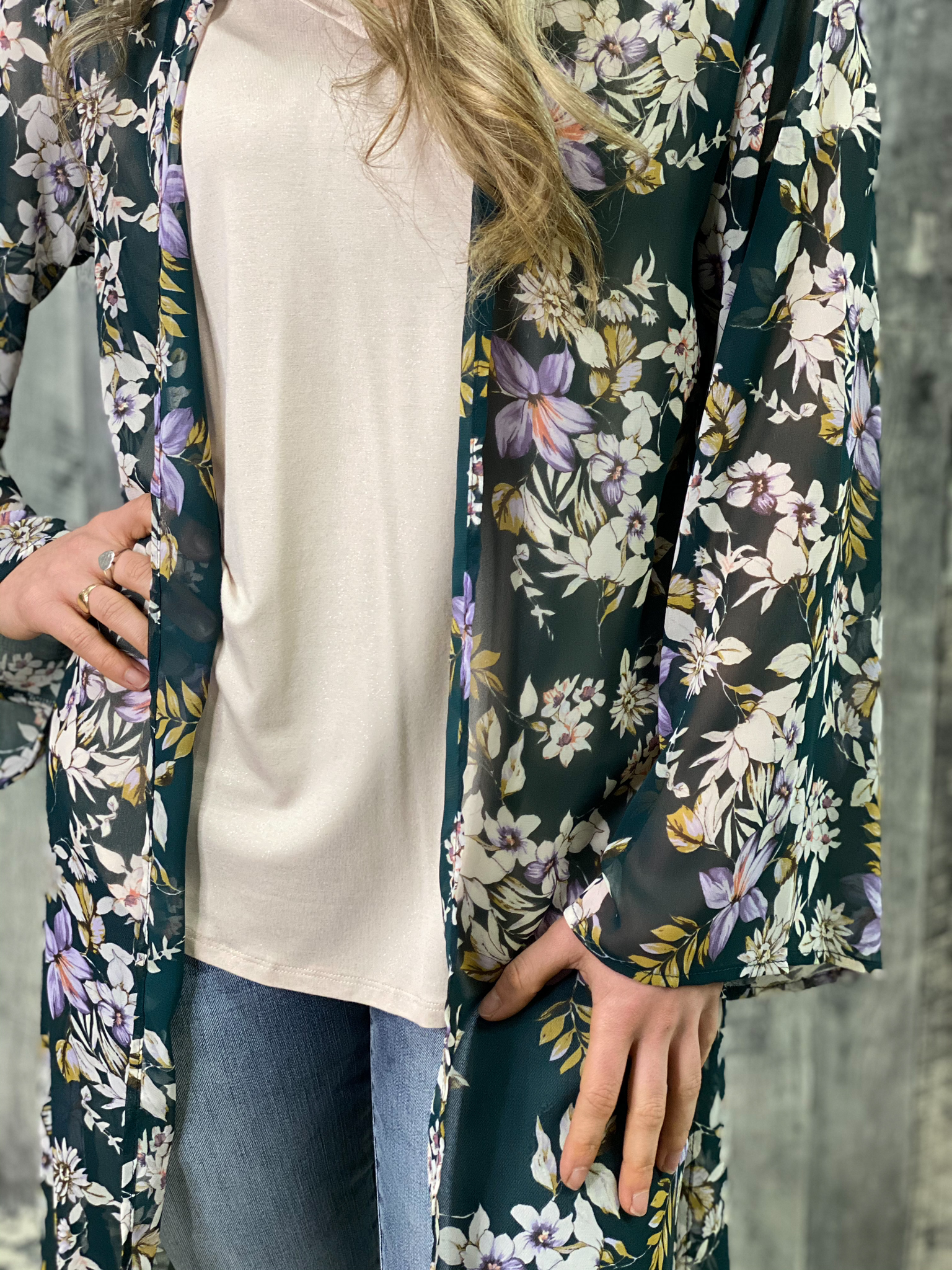 Green Floral Long Sleeve Kimono Duster